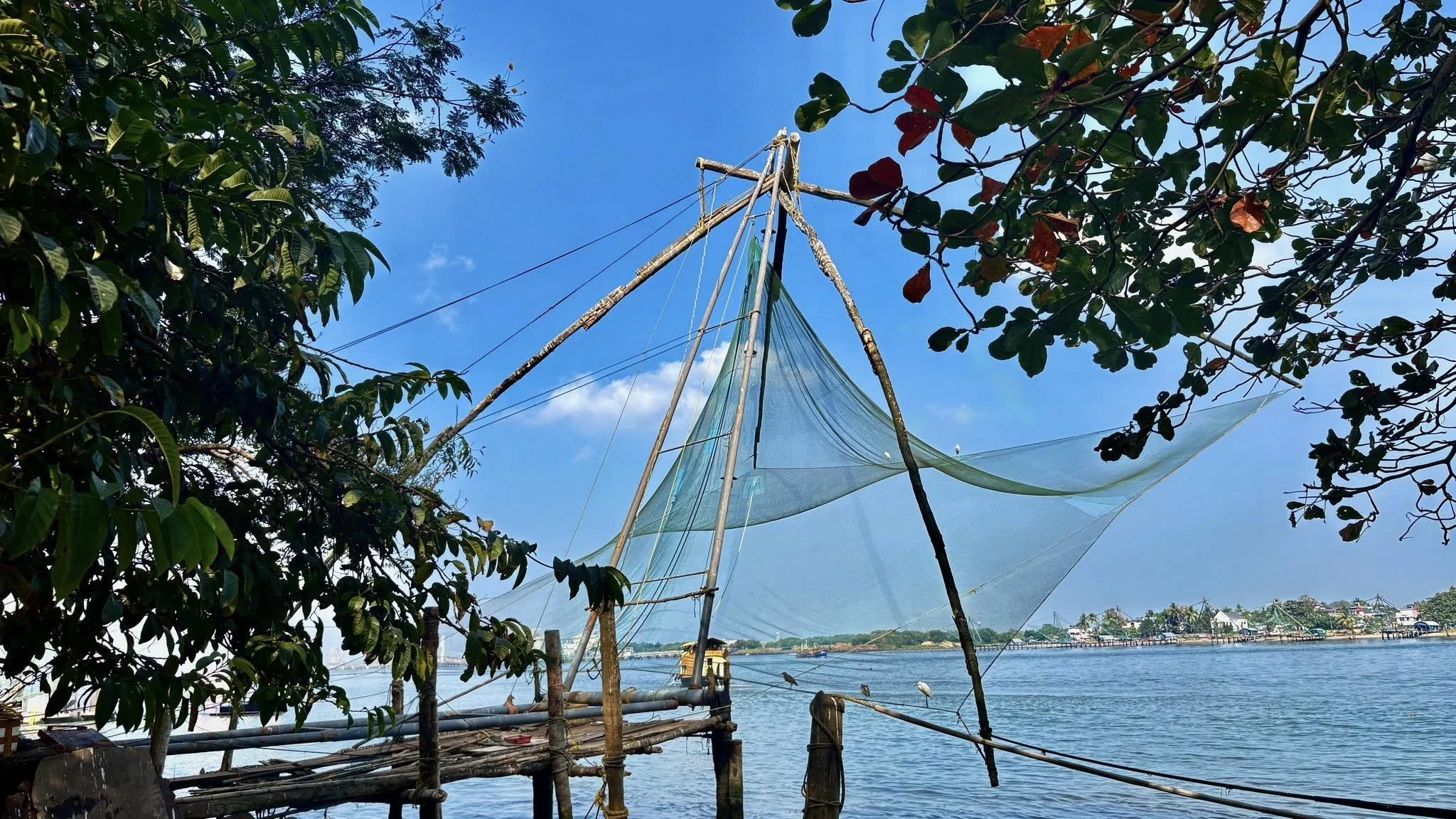 A fishing net hanging from a wooden pole on a water dock, with trees and a clear blue sky in the background.