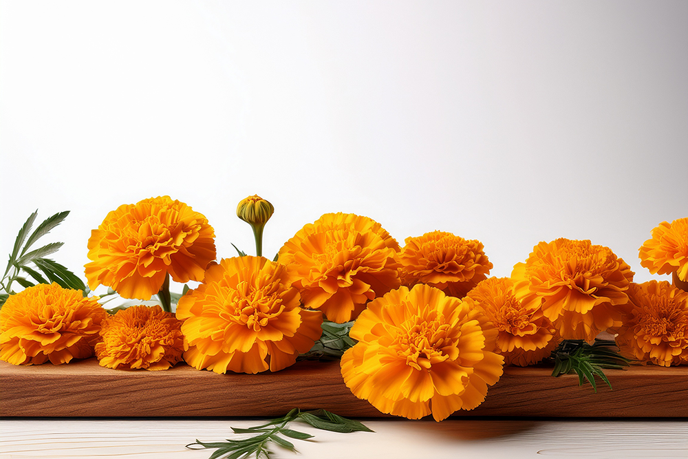 Bright orange marigold flowers on a wooden surface with a plain white background.