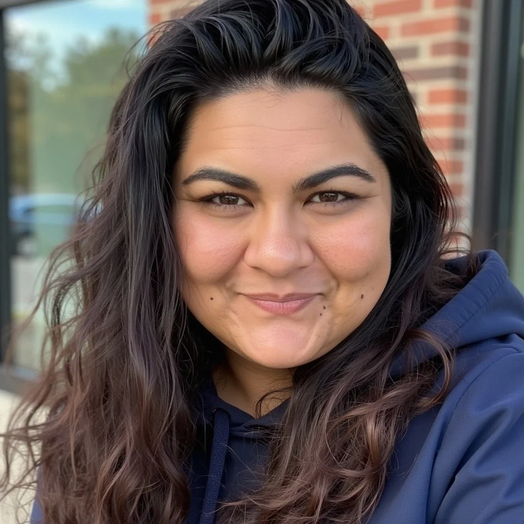 Close-up of a woman (the founder of SAHA Soap and Sundries) with long wavy dark hair, smiling outdoors in front of a brick wall and a window.
