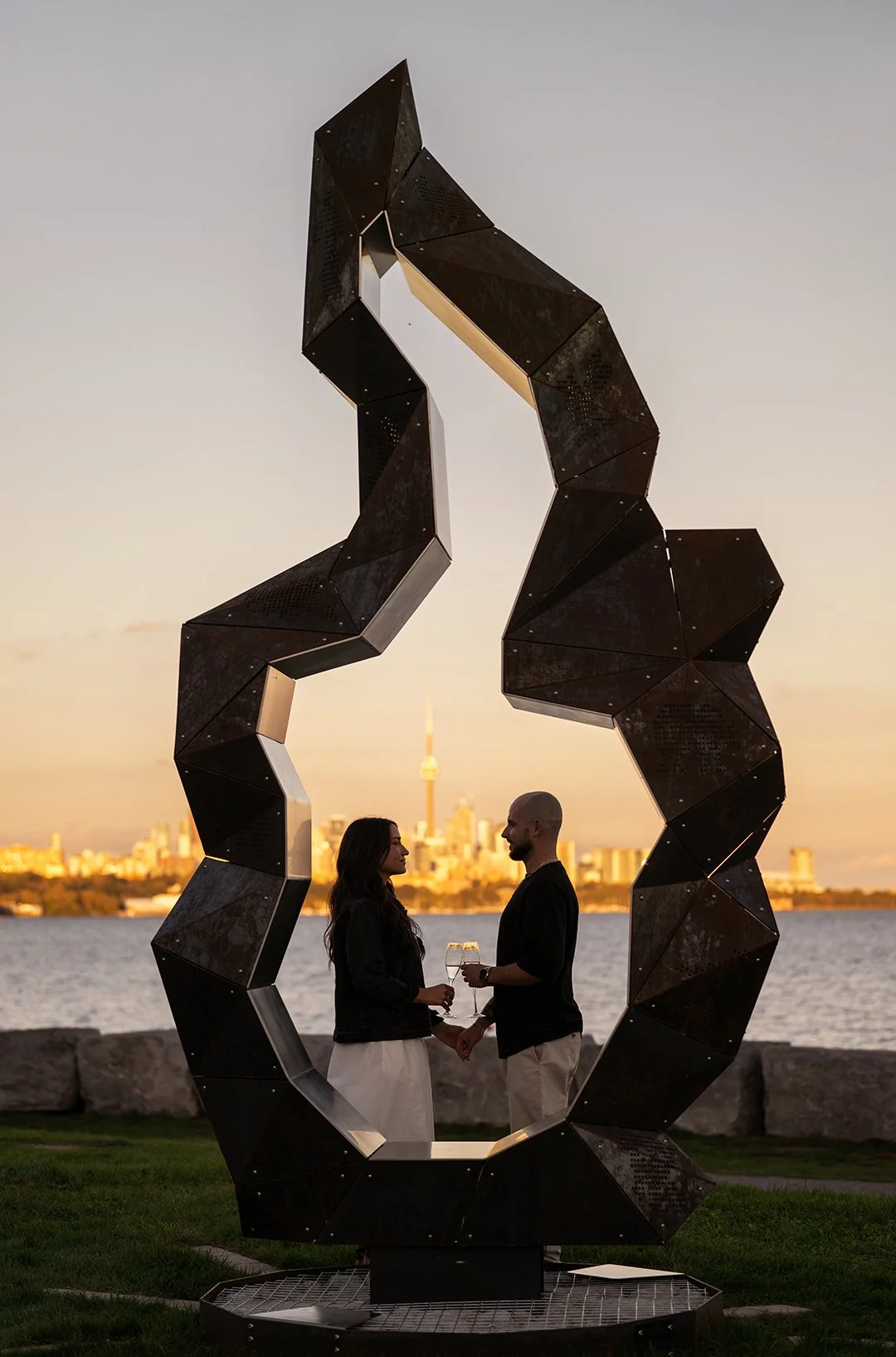 Lakeshore Toronto Engagement Session with sunset cityscape view