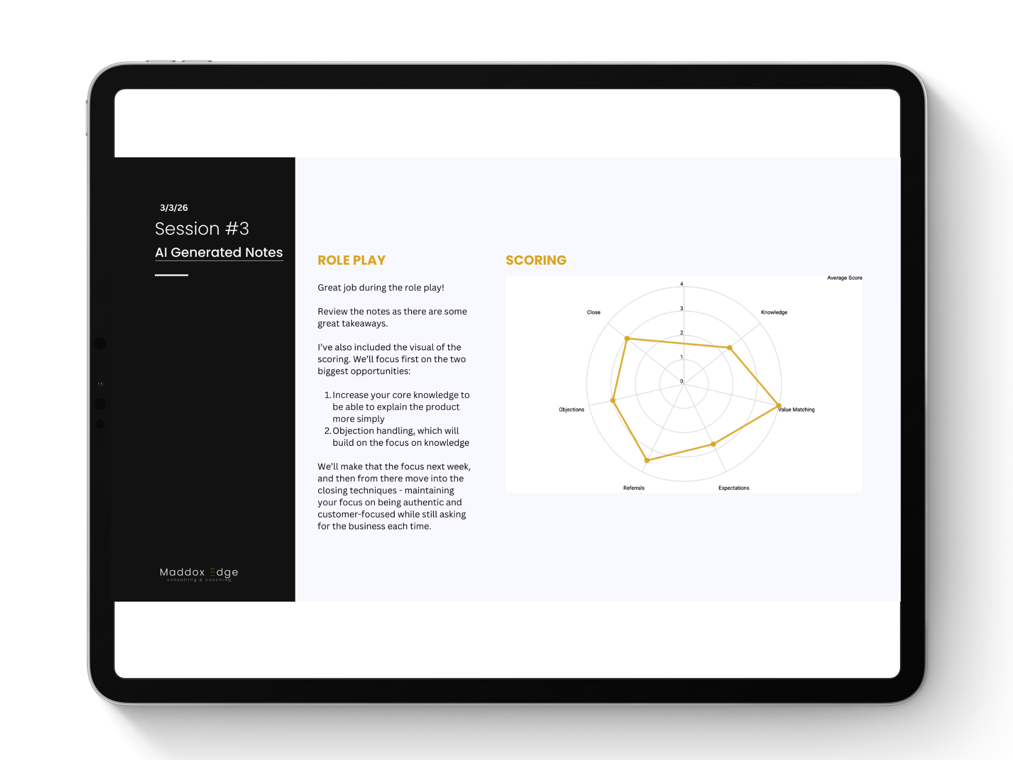 Tablet screen displaying a presentation slide with session notes, a radar chart labeled 'SCORING', and the logo 'Maddox Edge' at the bottom left.