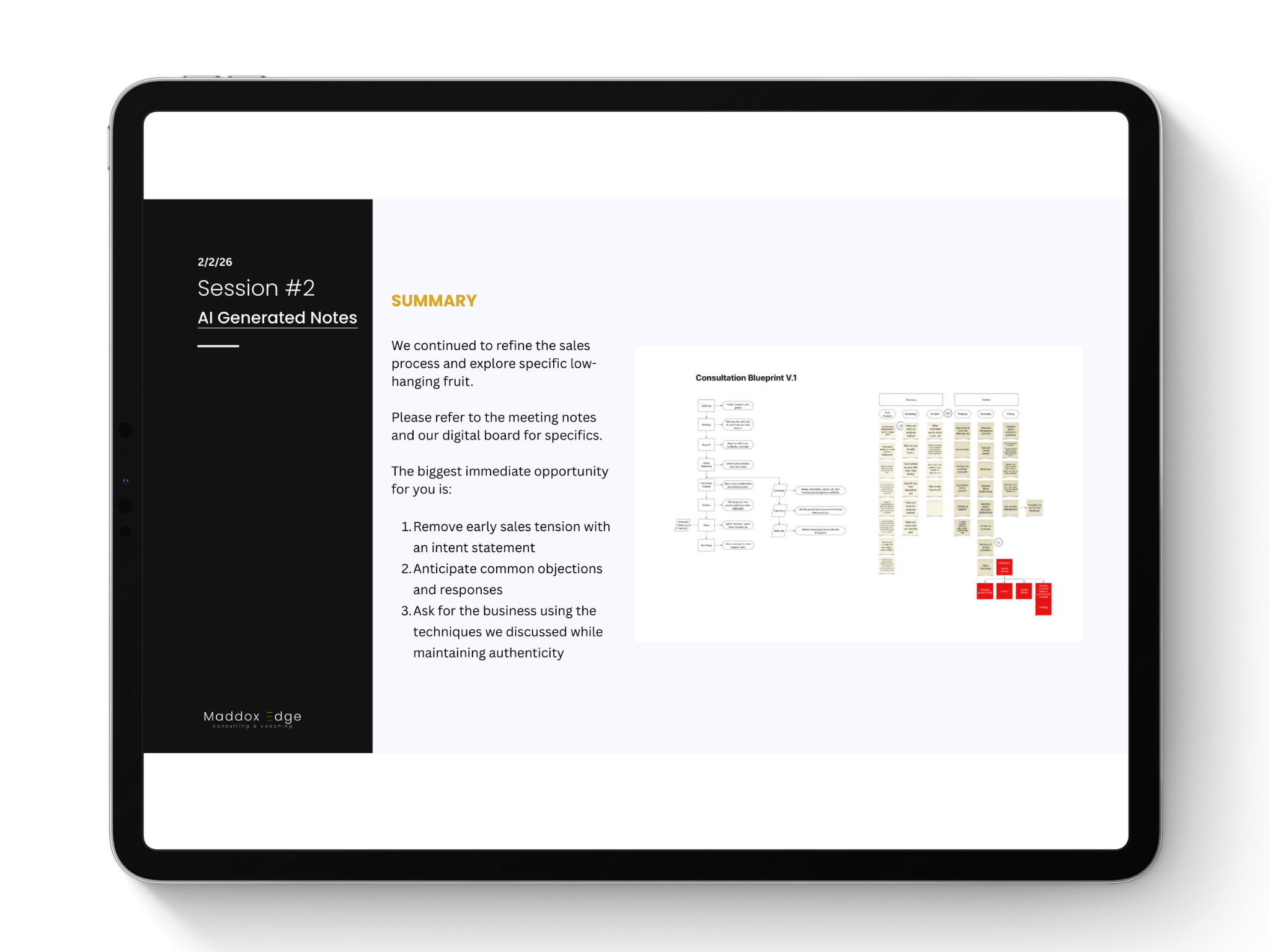 Digital tablet displaying a presentation slide with a black sidebar on the left and a white background on the right. The sidebar reads '2/2/26 Session #2 AI Generated Notes' and has a logo at the bottom that says 'Maddox Edge' with the text 'consulting & coaching'. The main slide contains a header titled 'SUMMARY' in bold orange text, and below it, there are paragraphs of text about sales process refinement, meeting notes, and opportunities. Additionally, there is a small diagram titled 'Consultation Blueprint V.1' featuring flowcharts and sticky notes, some of which are red.