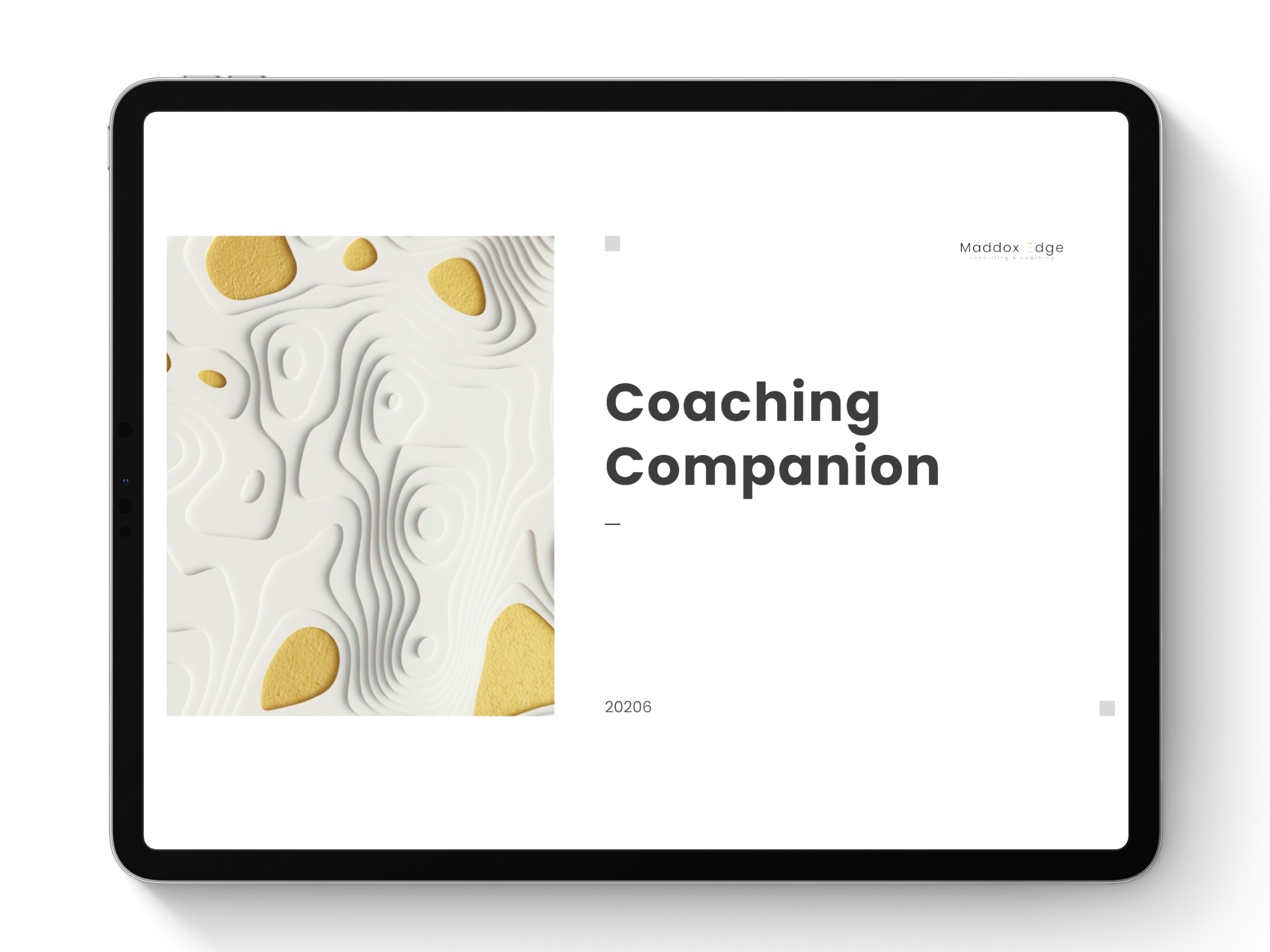 The image shows a tablet displaying a distorted screen with the title "Coaching Companion" and a textured background with contour lines and yellow spots.