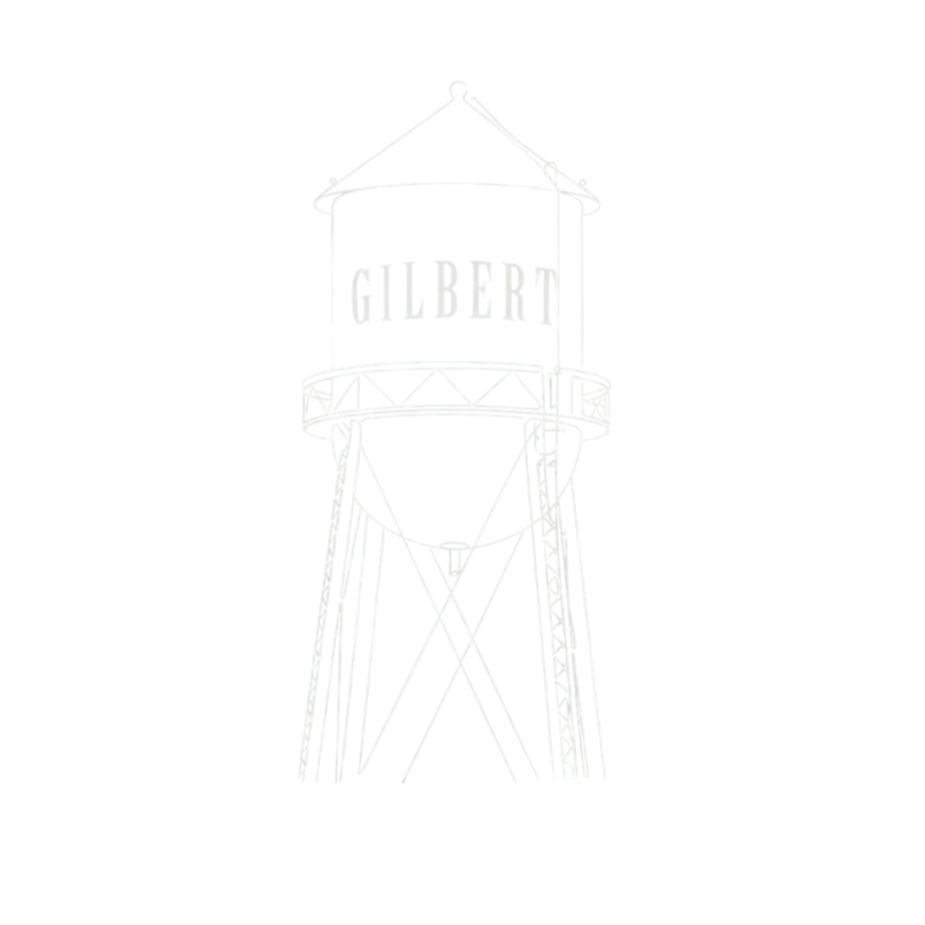 Black and white line drawing of a water tower with the word "GILBERT" on it, against a black background.