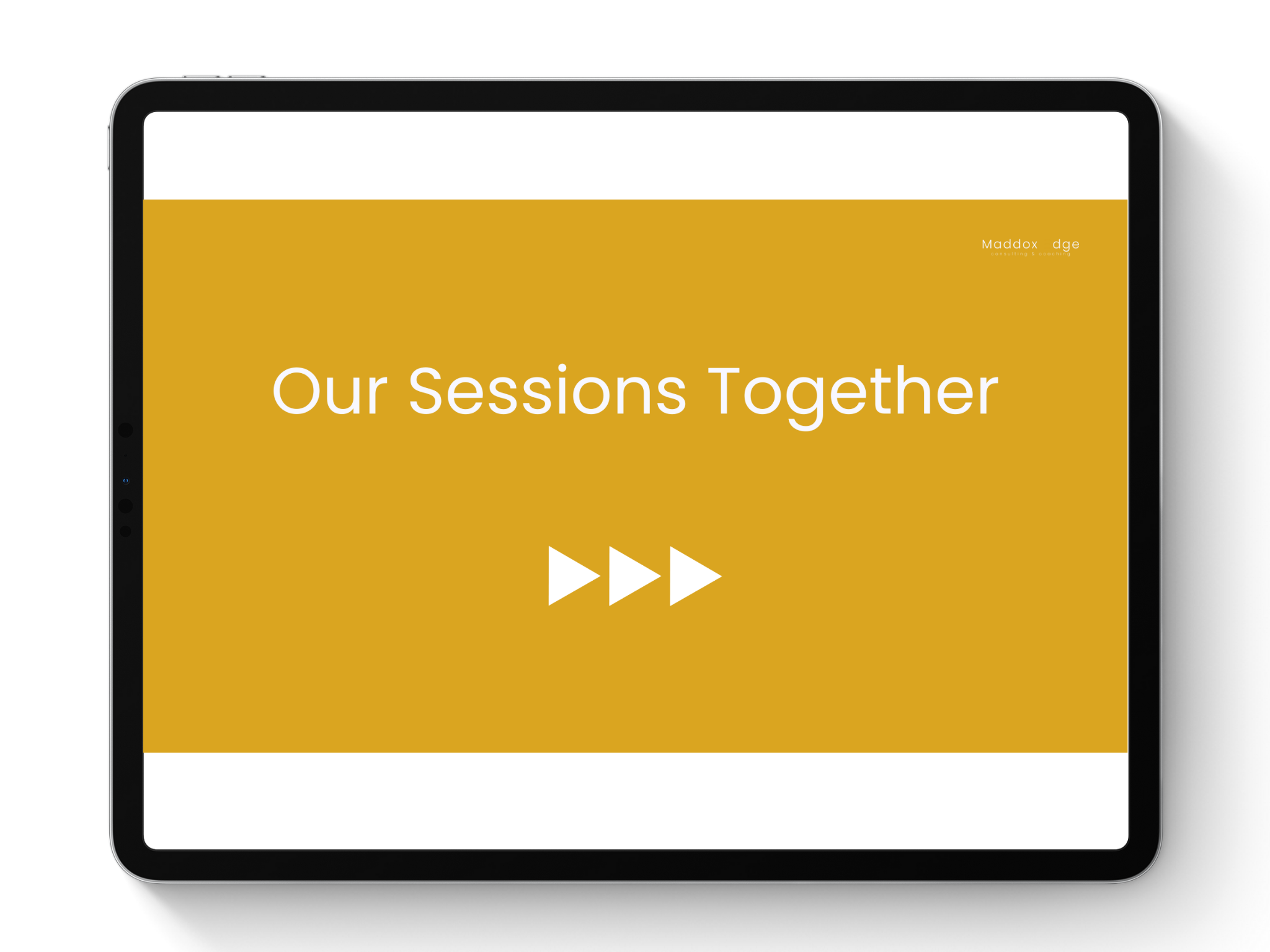 Tablet screen displaying a slide with white text "Our Sessions Together" on a mustard yellow background, with white share icons below the text.