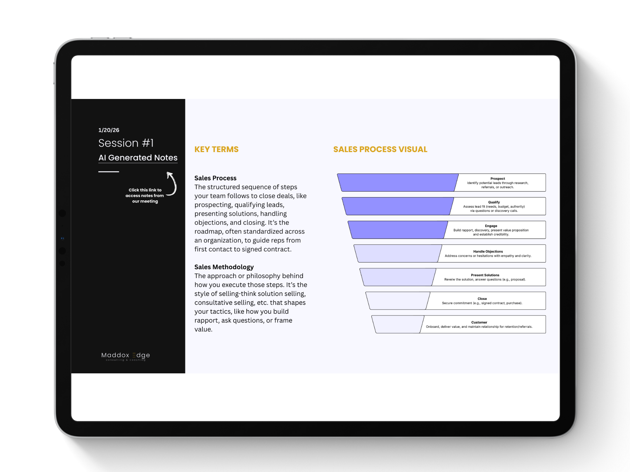 Tablet displaying a presentation slide with sales process key terms, visual, and explanation, along with a sidebar note about accessing notes from a meeting.