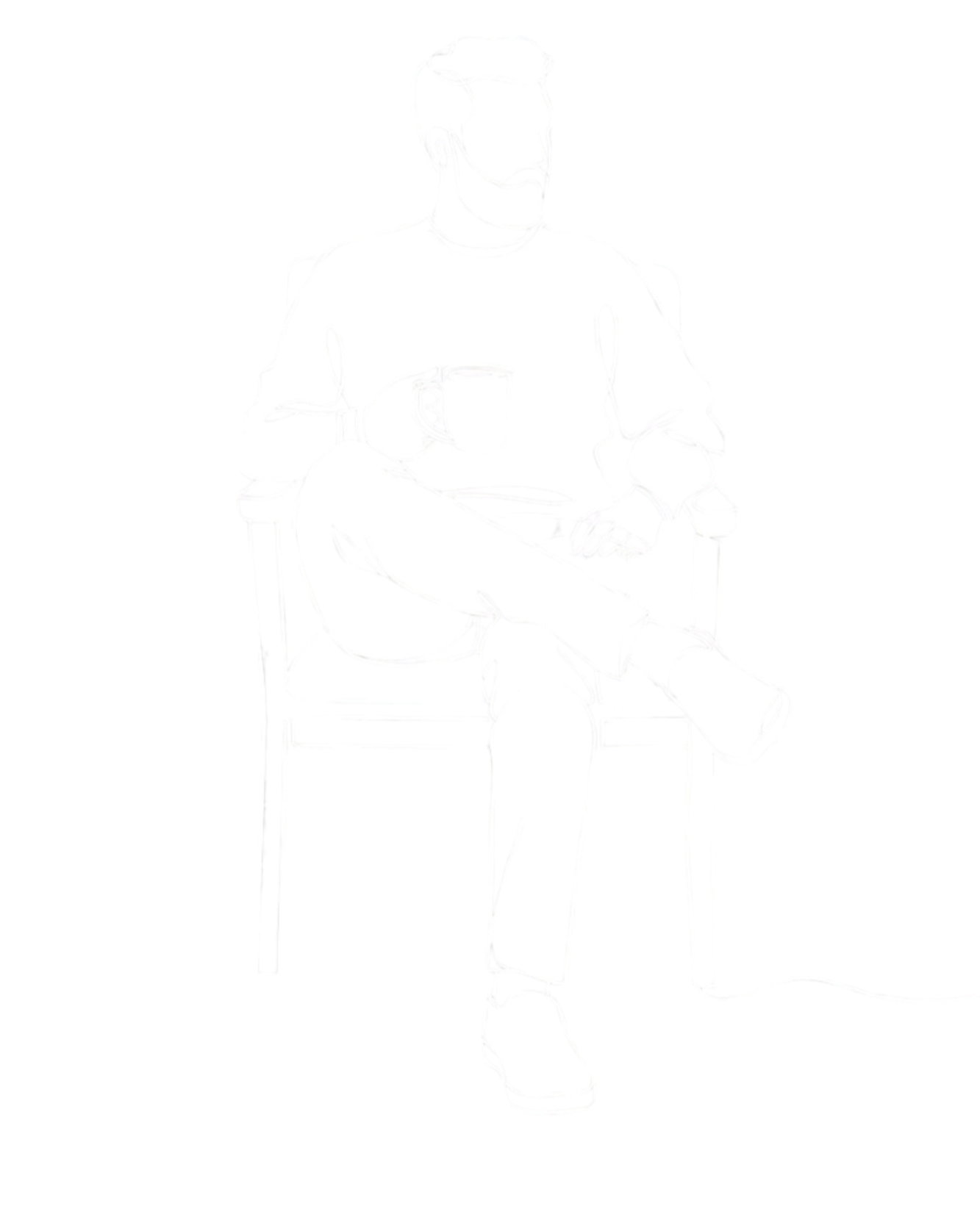 Line drawing of a man sitting in a chair, holding a mug in one hand, with legs crossed, against a black background.