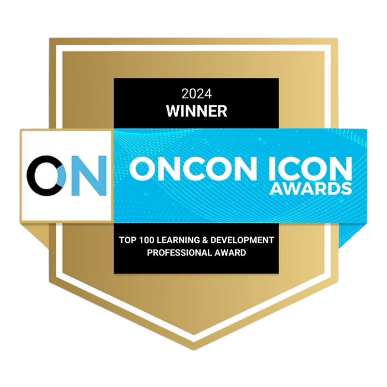 Badge with '2024 Winner' and 'Top 100 Learning & Development Professional Award' text, overlapping ONCON ICON Awards logo, gold shield shape with white border.