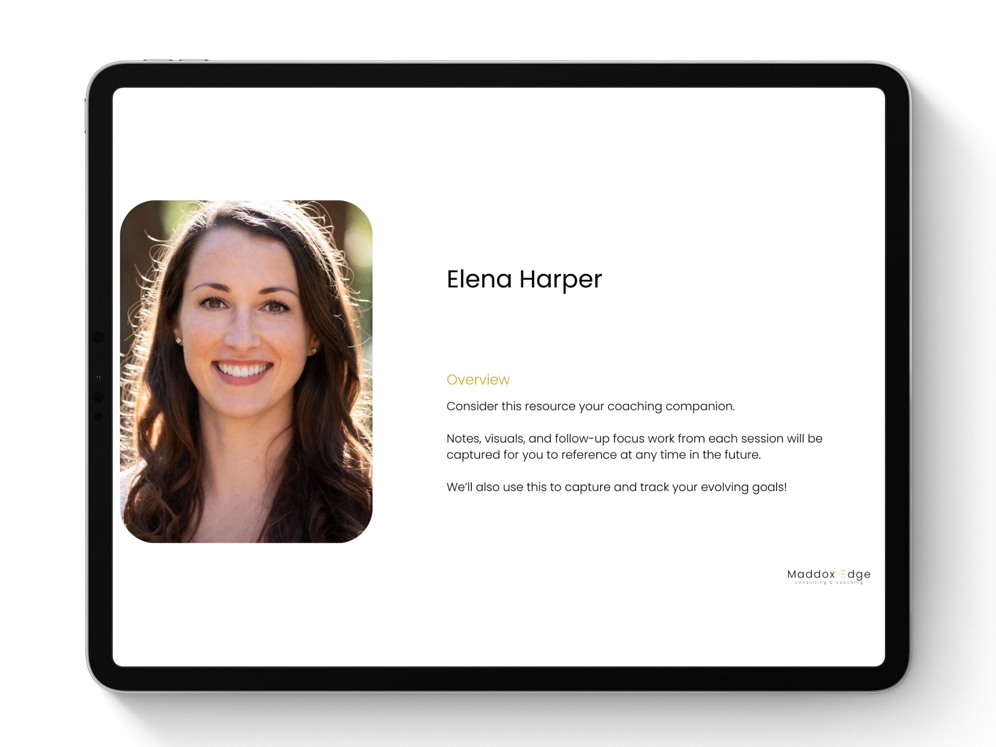Digital tablet displaying a professional profile of Elena Harper, including her portrait, name, and a brief overview of her coaching services.