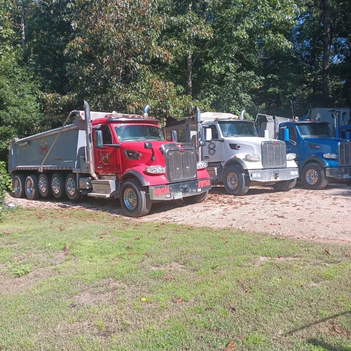 Three semi-trucks parked side by side on a dirt area with trees in the background. The trucks are red, white, and blue with shiny chrome details.
