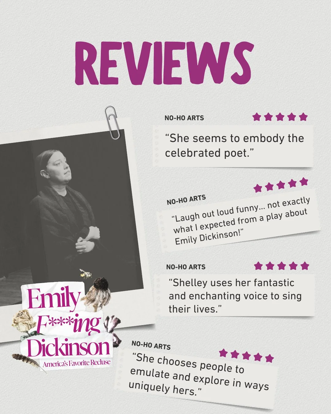 A rave! 🫶🏻🥹⁠
⁠
"Shelley is perceptive in her choice of subjects and heartbreakingly candid in her honest approach to their foibles and their failings, as well as their achievements."⁠
⁠
Thank you @nohoartsdistrict 🥳⁠
⁠
⁠
#soloshow #acto