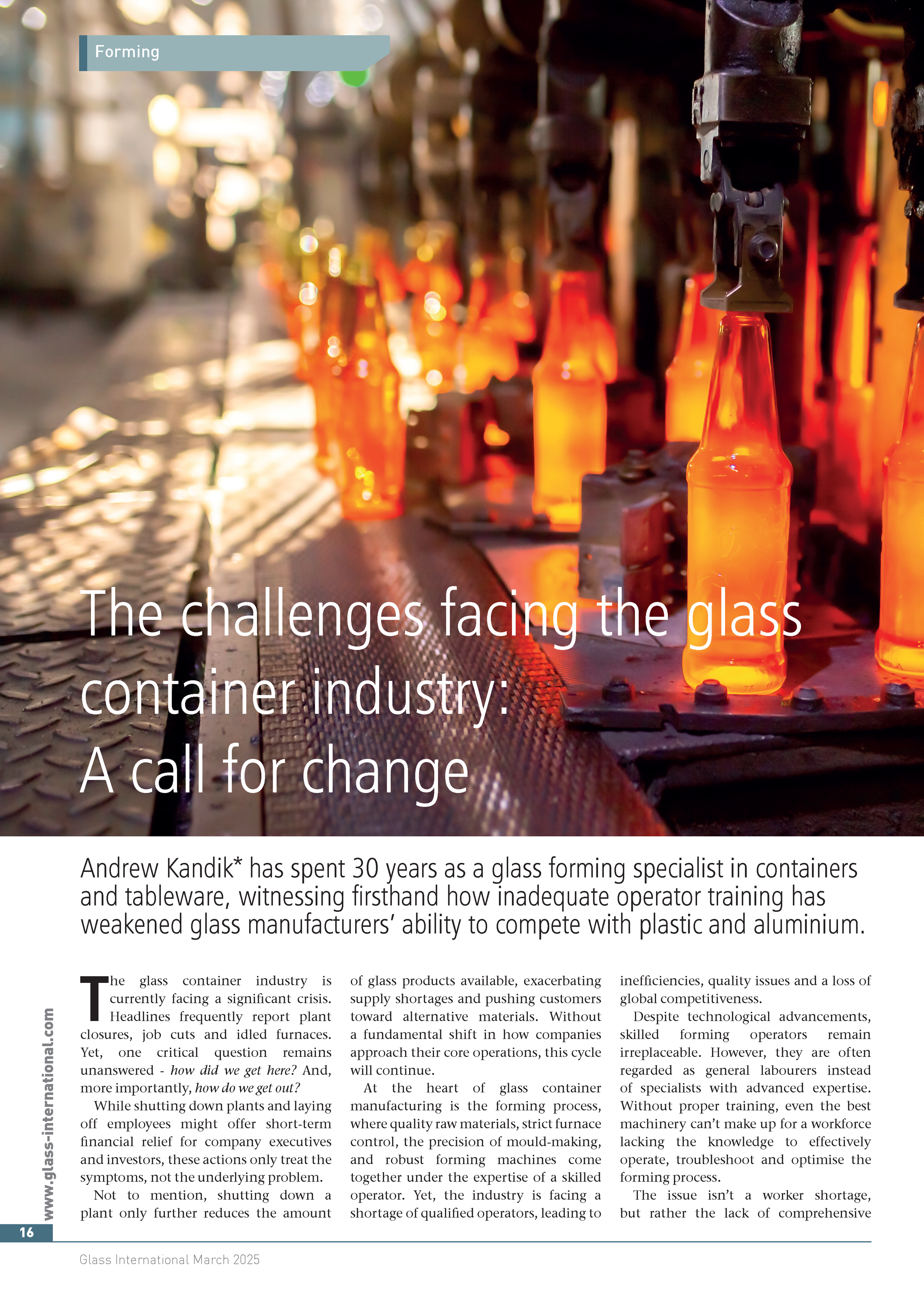 Glass International March 2025 edition about the lack of training in the glass industry and how it is losing the battle against itself and plastic and aluminum. 