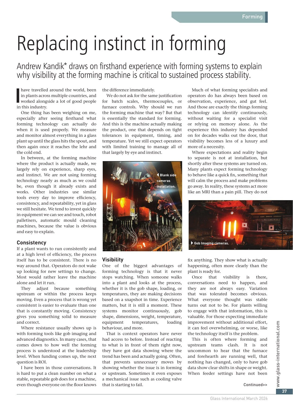Glass International March 2026 article by Andy Kandik, Replacing Instinct in Forming, on why visibility at the forming machine is critical to process stability. Page 1, with blank side cameras and gob imaging cameras.