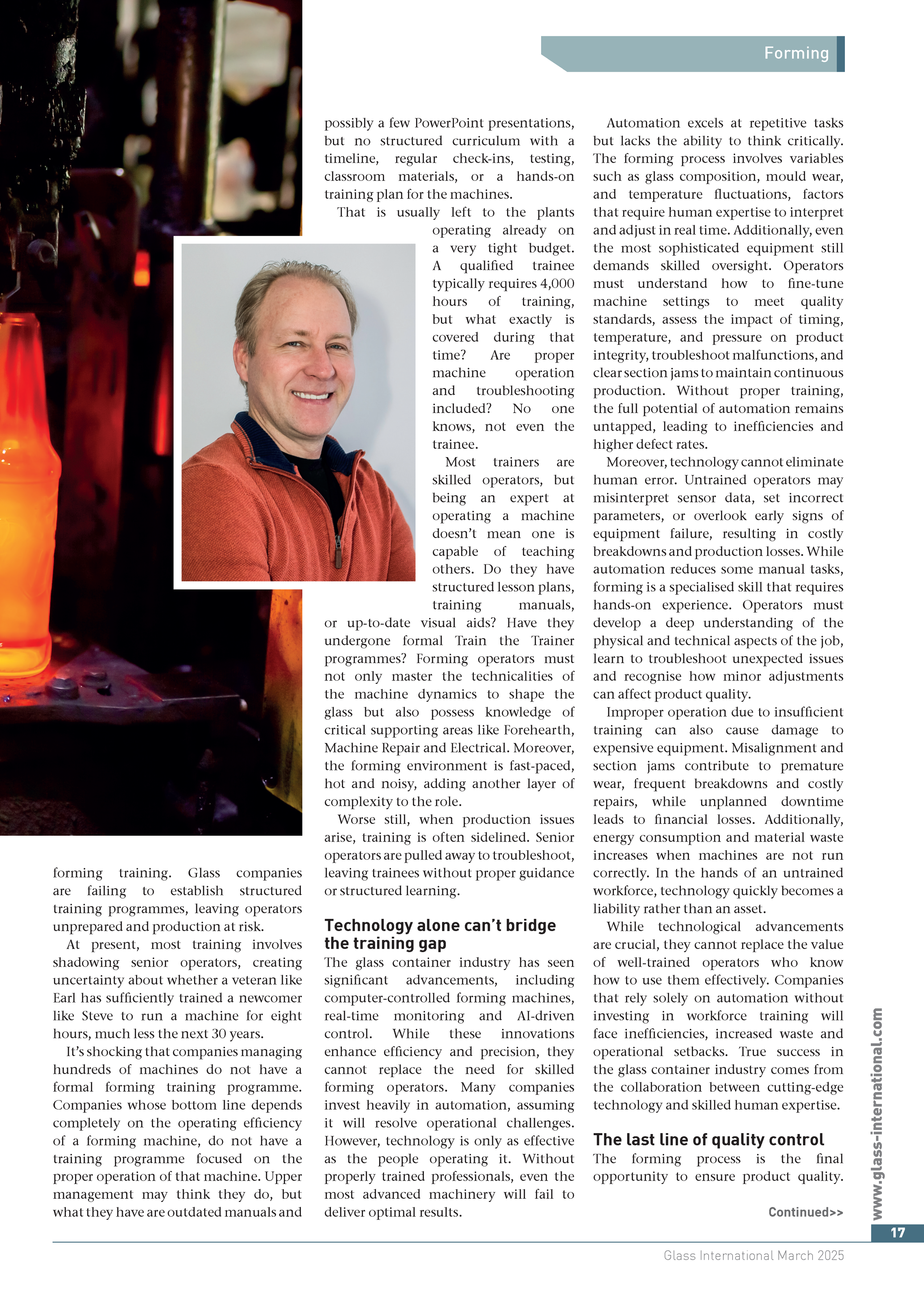A magazine article with a portrait of a smiling man wearing an orange jacket over a black shirt, superimposed over a background of industrial glass manufacturing process, including hot glass and equipment. Glass International article March 2025