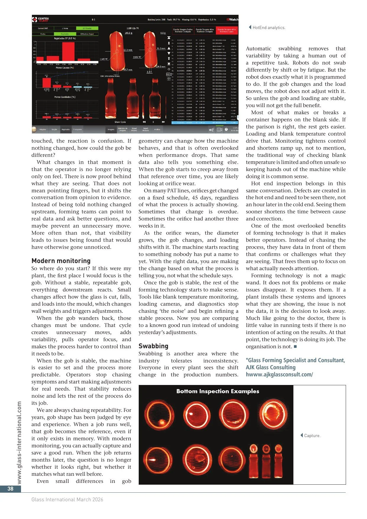 Glass International March 2026 article by Andy Kandik, Replacing Instinct in Forming. Page 2, covering modern monitoring, swabbing, and bottom inspection examples.