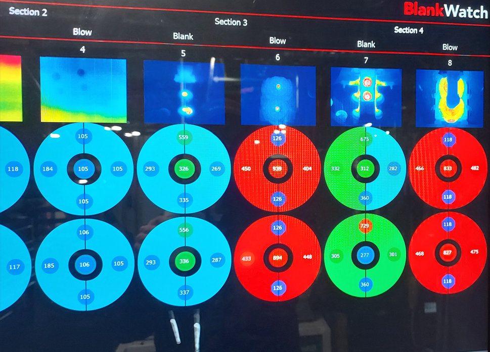 Air quality monitoring chart for different sections, showing color-coded circles with numbers indicating readings. Image shown is the BlankWatch system by Cortex, but Tiama, Konetic, and Emhart have their versions.