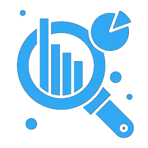 Illustration of a magnifying glass zooming in on a bar chart and a pie chart, symbolizing data analysis.