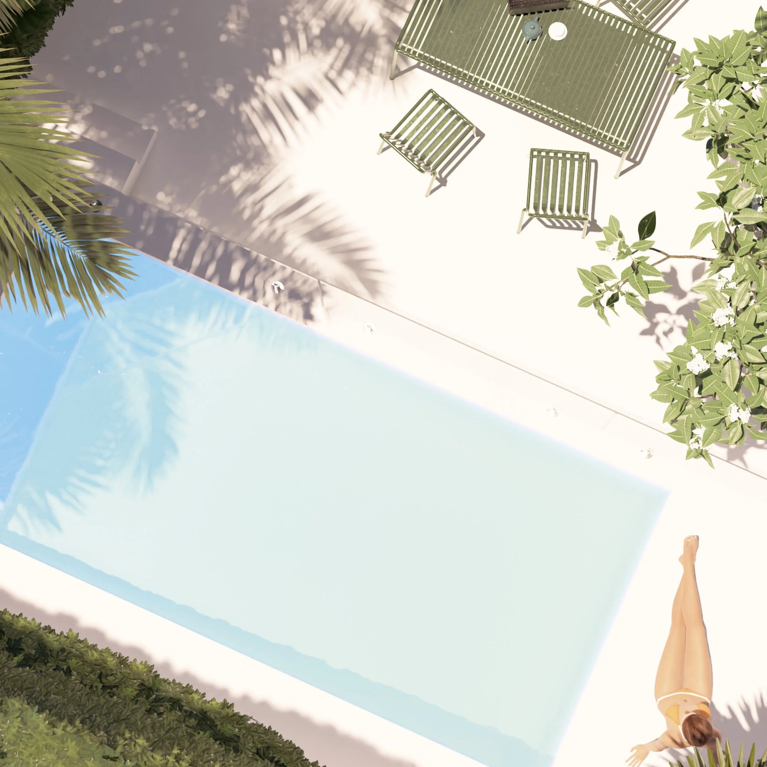 View of a woman sitting beside the pool in swimwear in the Bondi courtyard garden, with the pool edge and surrounding planting visible.