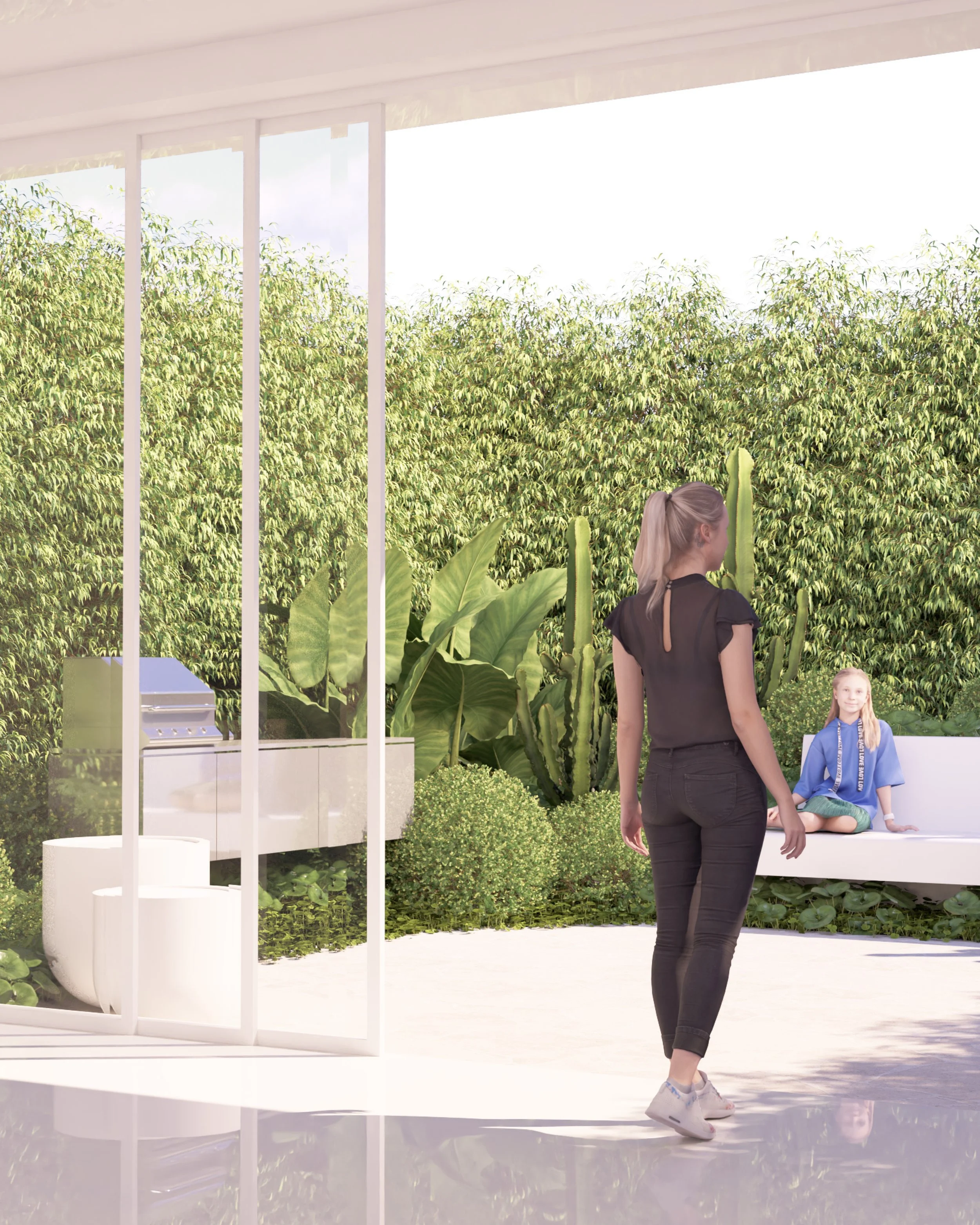 Interior view looking outward through glass sliding doors to a Vaucluse garden concept, featuring a floating concrete seat and stainless steel cooking bench framed by layered planting.
