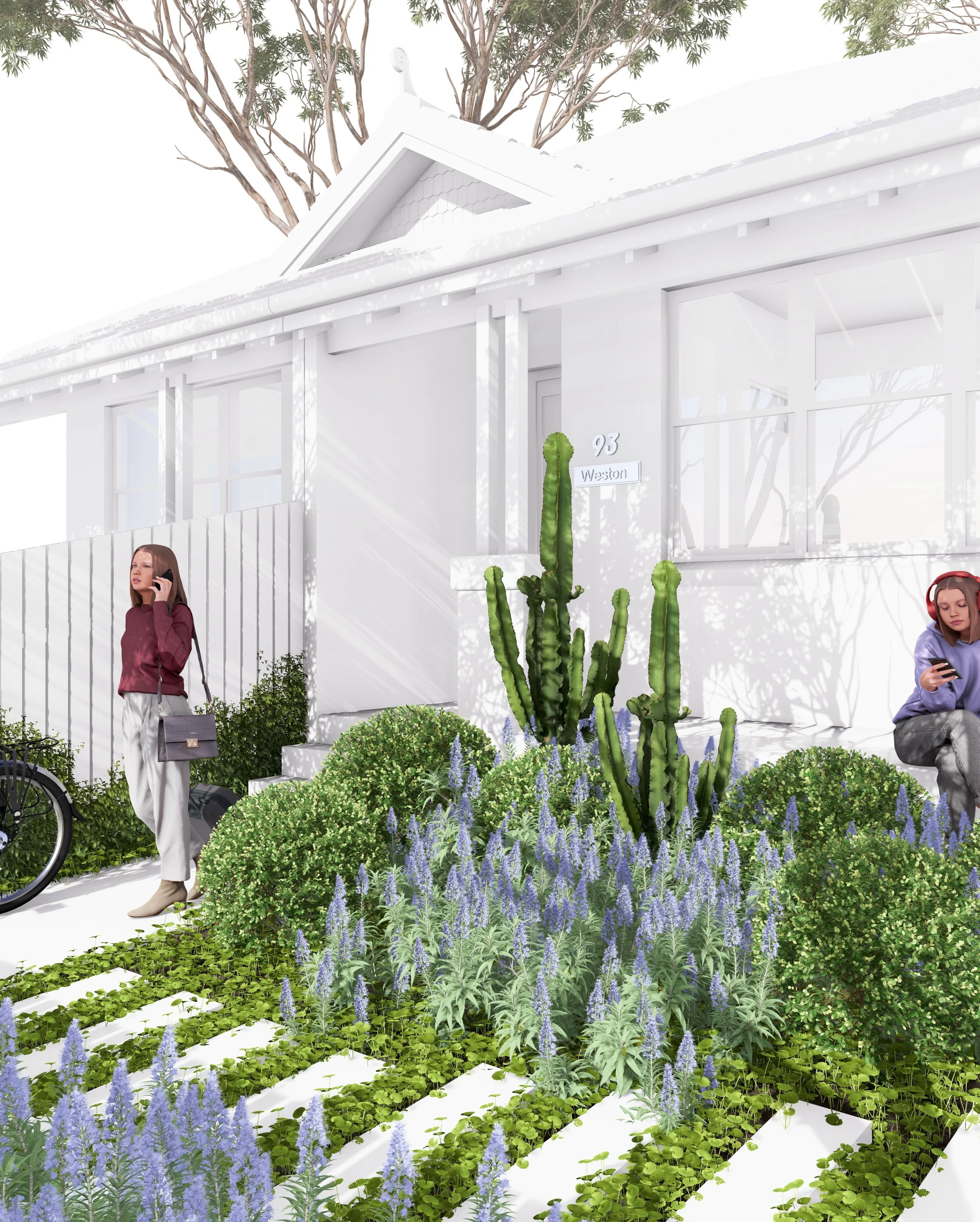 A lower-angle view of the Mosman garden showing the planting, a woman seated and looking at her phone, and the front of the heritage house in the background.