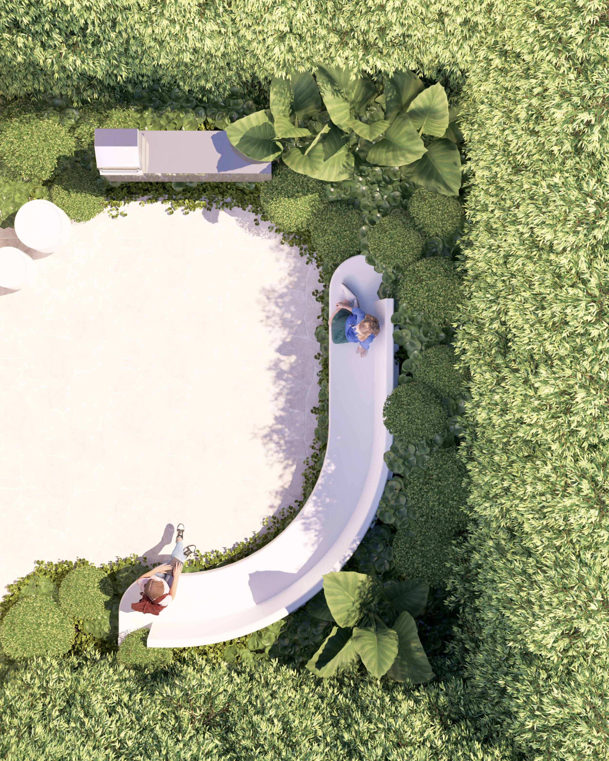 Aerial view of a Vaucluse residential garden concept showing a curved floating concrete seat, limestone paving, and dense surrounding planting.