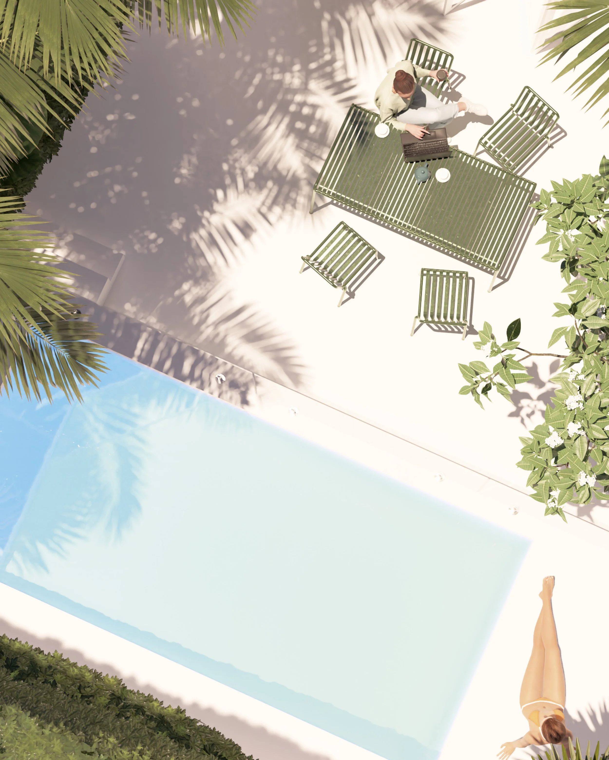 Overhead view of a Bondi courtyard garden showing a woman sitting beside the pool in swimwear and another woman working on a laptop at an outdoor table, with the pool and adjacent living area visible.