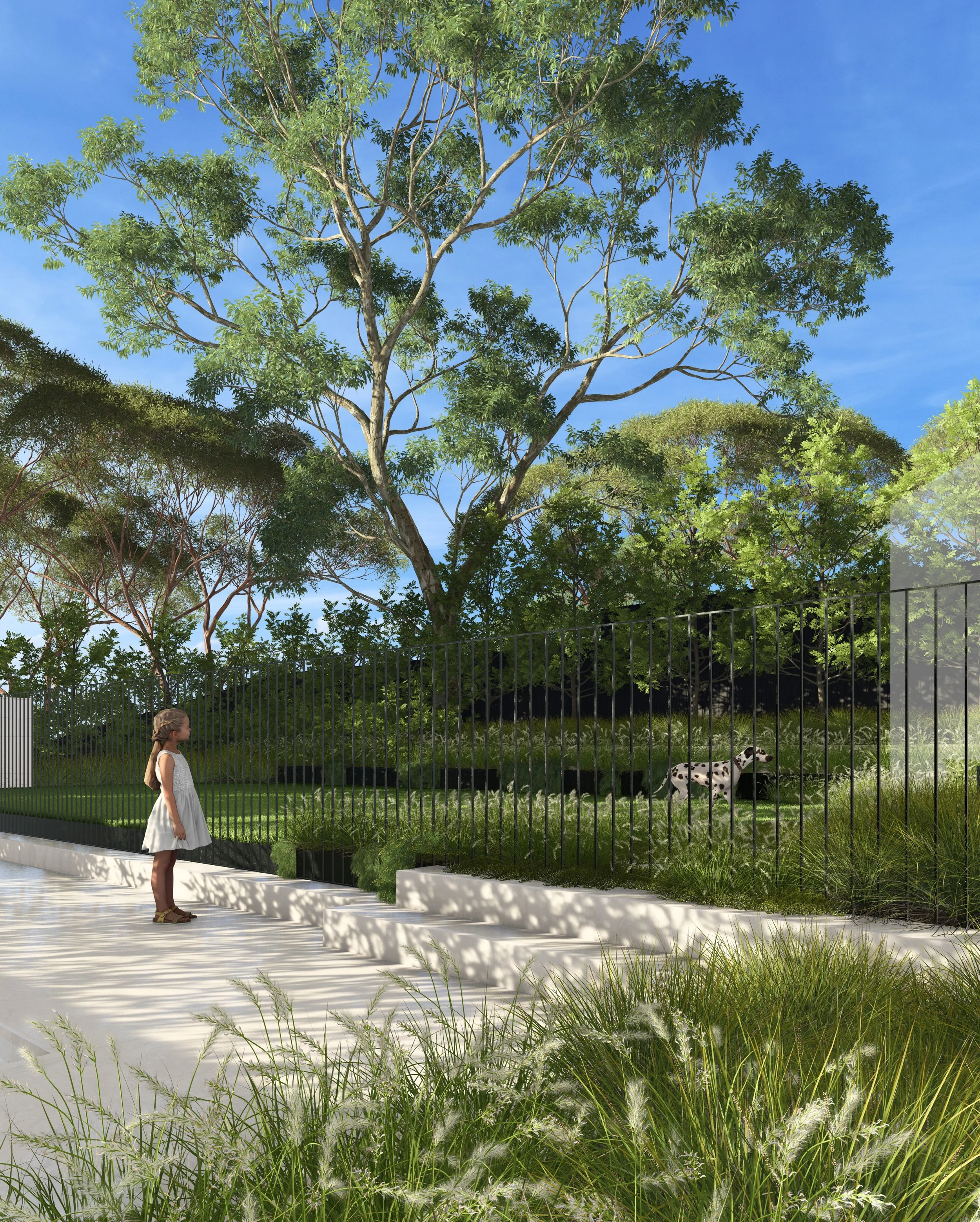 A view of the Beecroft garden showing a girl at the poolside looking through a black steel balustrade toward her dog on the lawn, with new paving and steps leading out of the pool area visible.