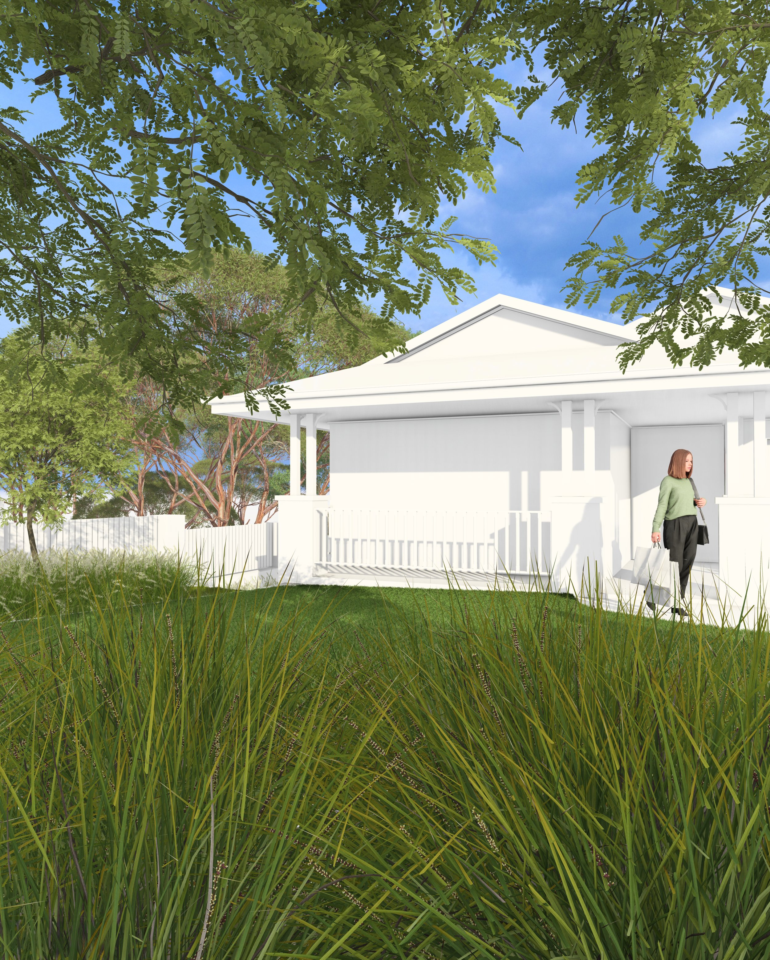Front view of the Beecroft property showing tall Lomandra grasses in the foreground and a woman in a green shirt walking out of the house.