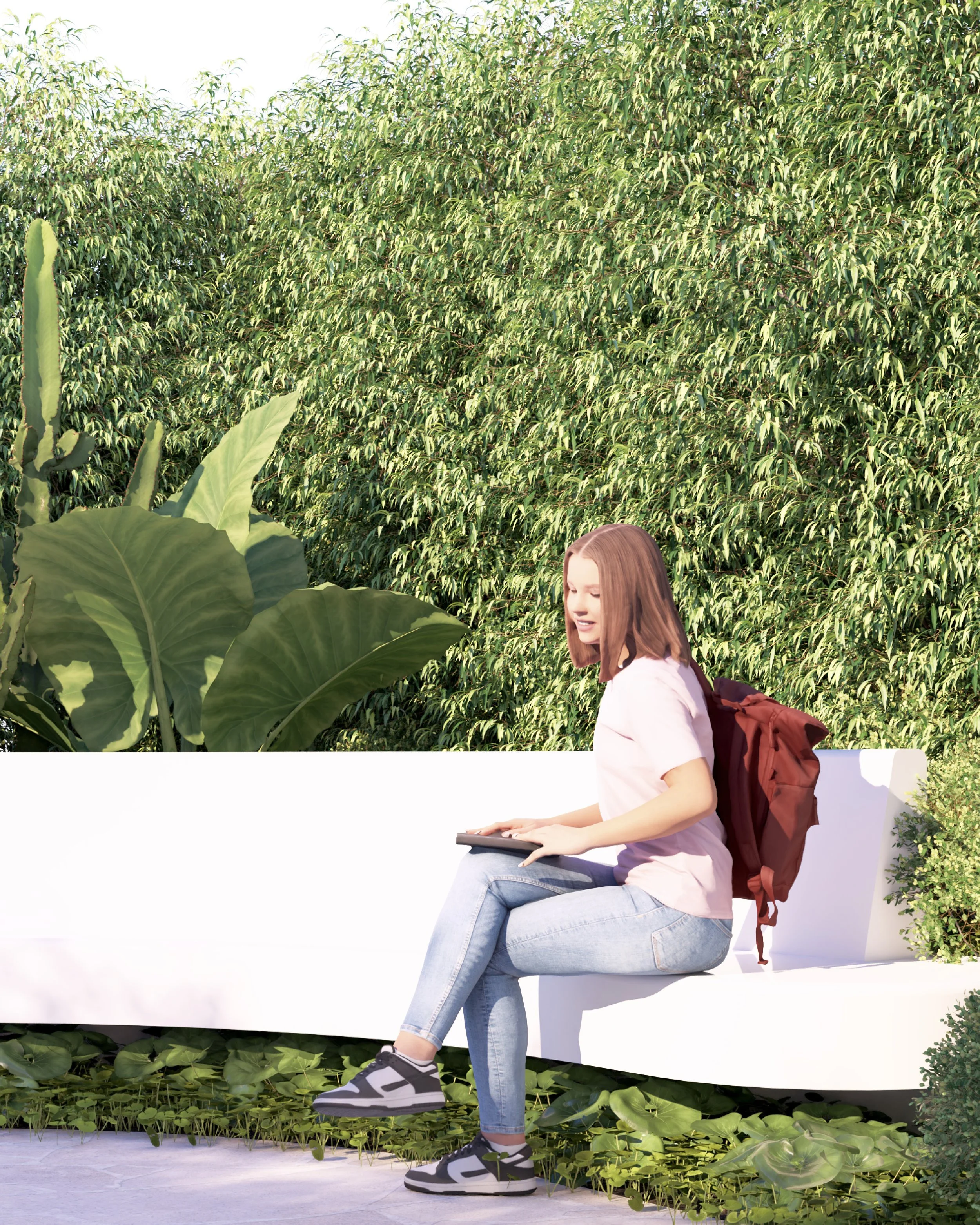 Close-up view of a person seated on a curved floating concrete bench in a Vaucluse garden concept, surrounded by layered native and tropical planting.