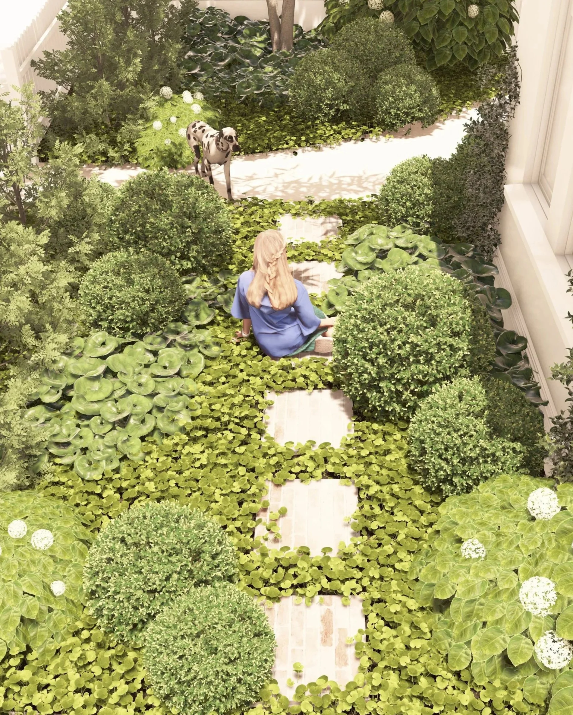 Side view of a young girl sitting on recycled brick steppers, with native violet, white hydrangeas, Ligularia and clipped Buxus visible in the Summer Hill garden.