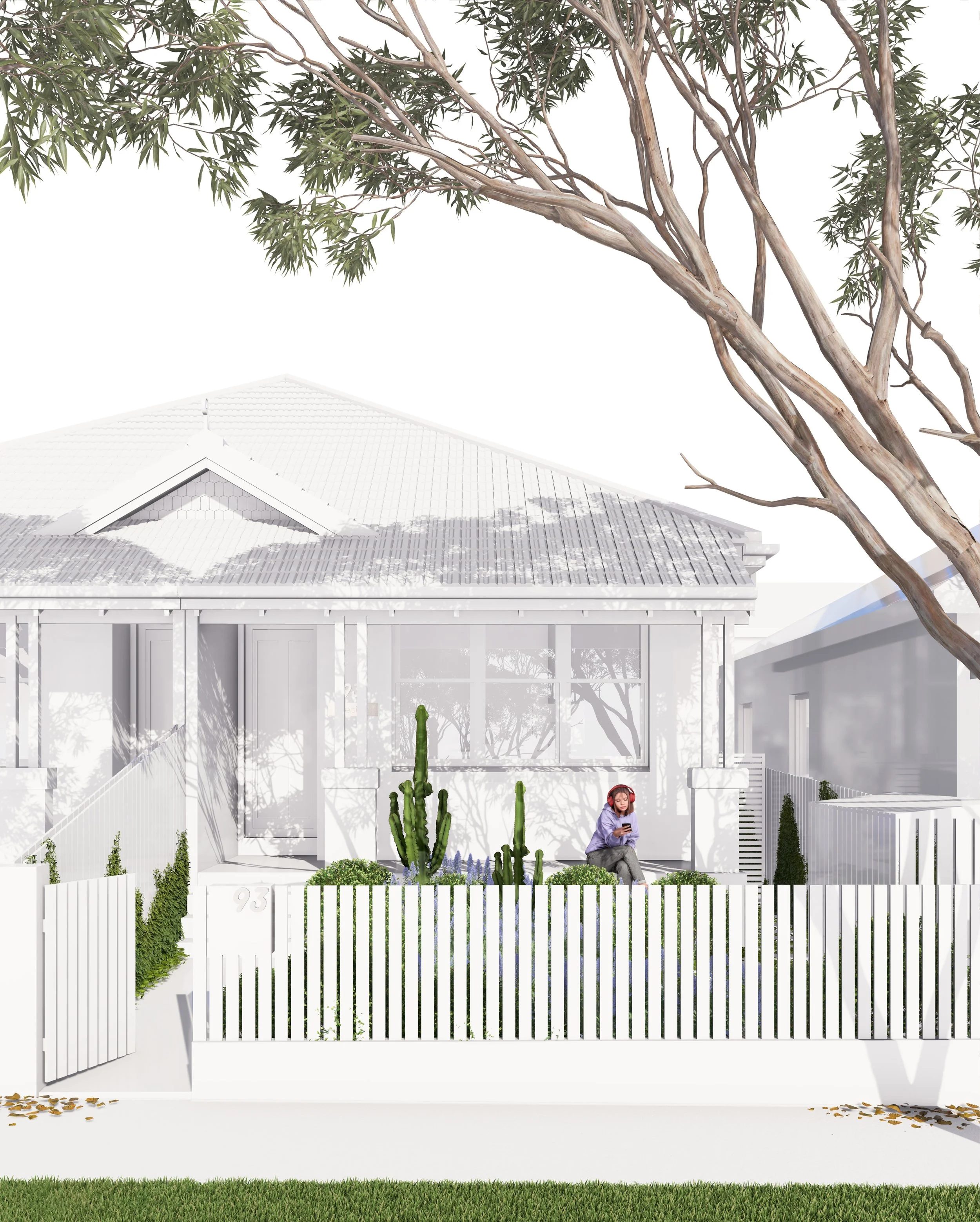 Street-facing view of the Mosman property showing the front garden, boundary planting and the heritage house façade.