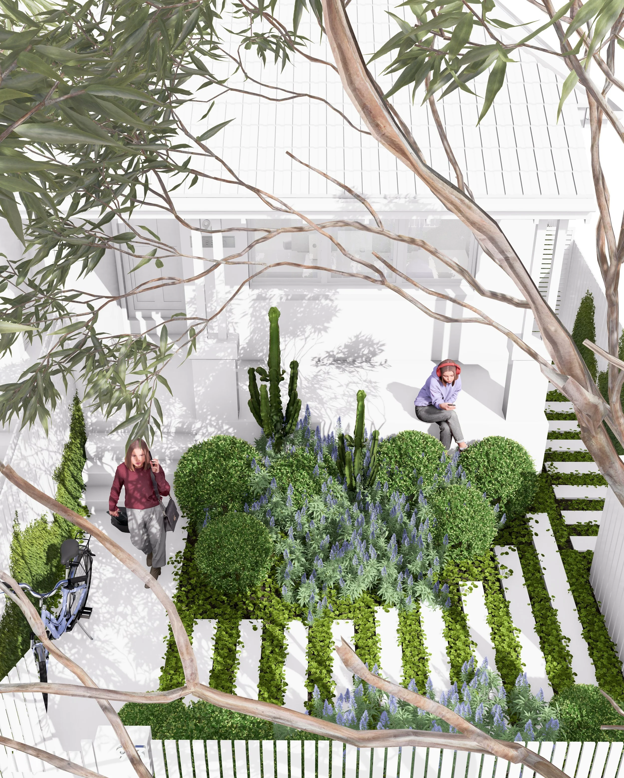 A high oblique view of the Mosman garden with a woman in a violet hoodie sitting and looking at her phone, with eucalyptus branches in the foreground and layered planting below.