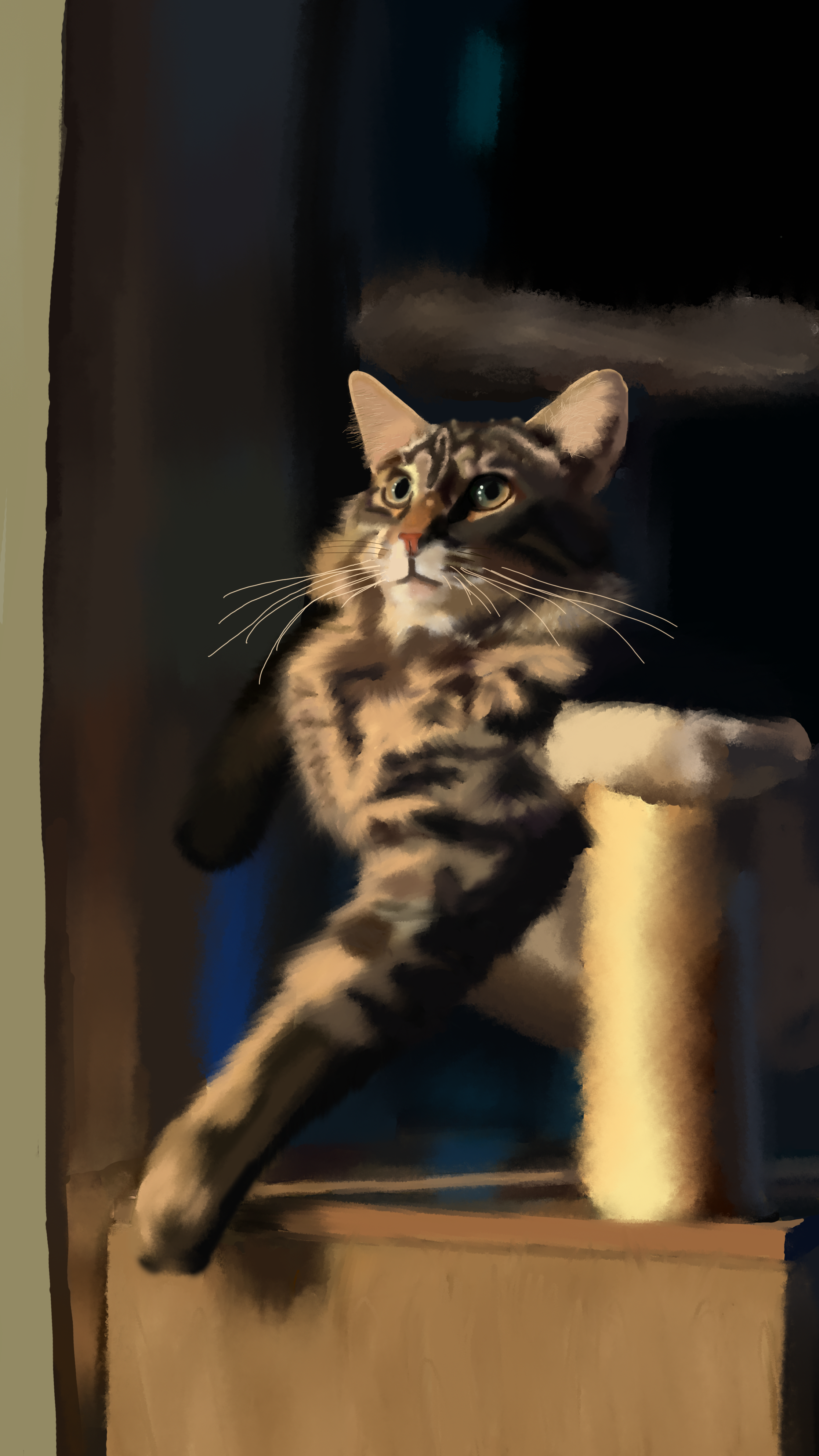 A tabby cat with green eyes and distinctive striped fur is reaching out with its paw, partially out of a dark space, possibly near a doorway or inside a box.