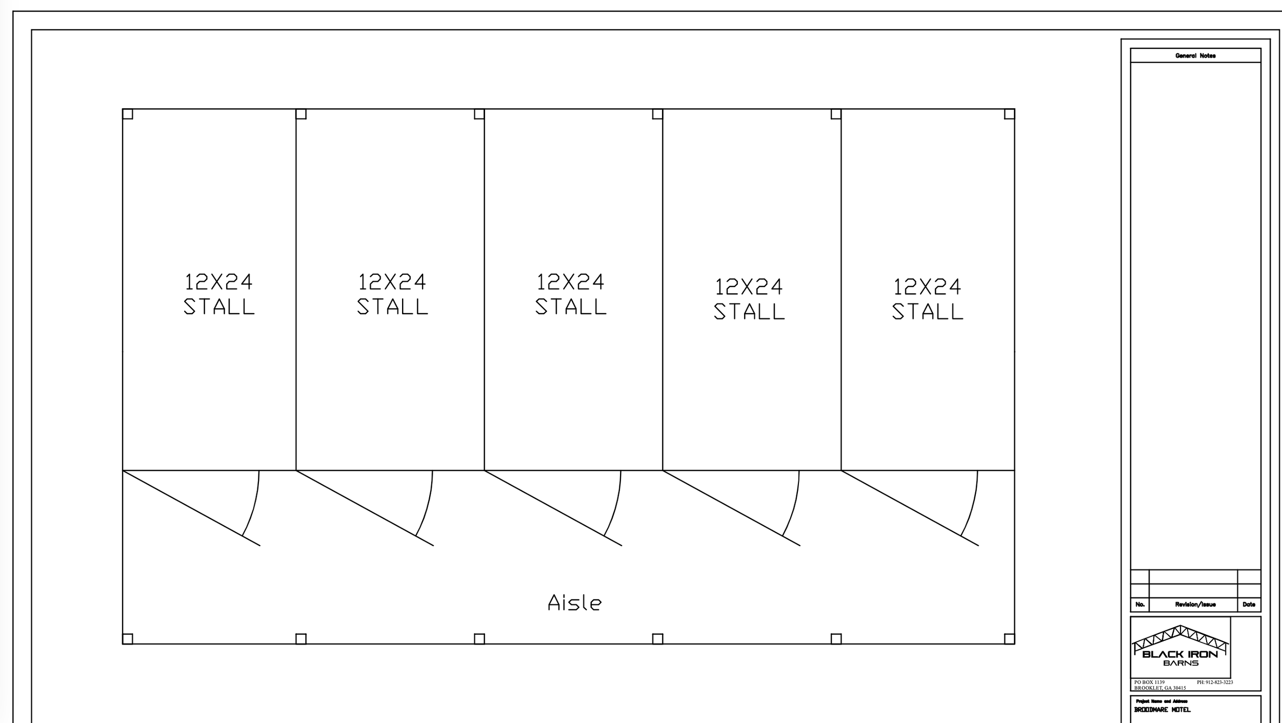Blueprint drawing of a storage building layout with five 12x24 stalls, an aisle in front, and notes for general construction.
