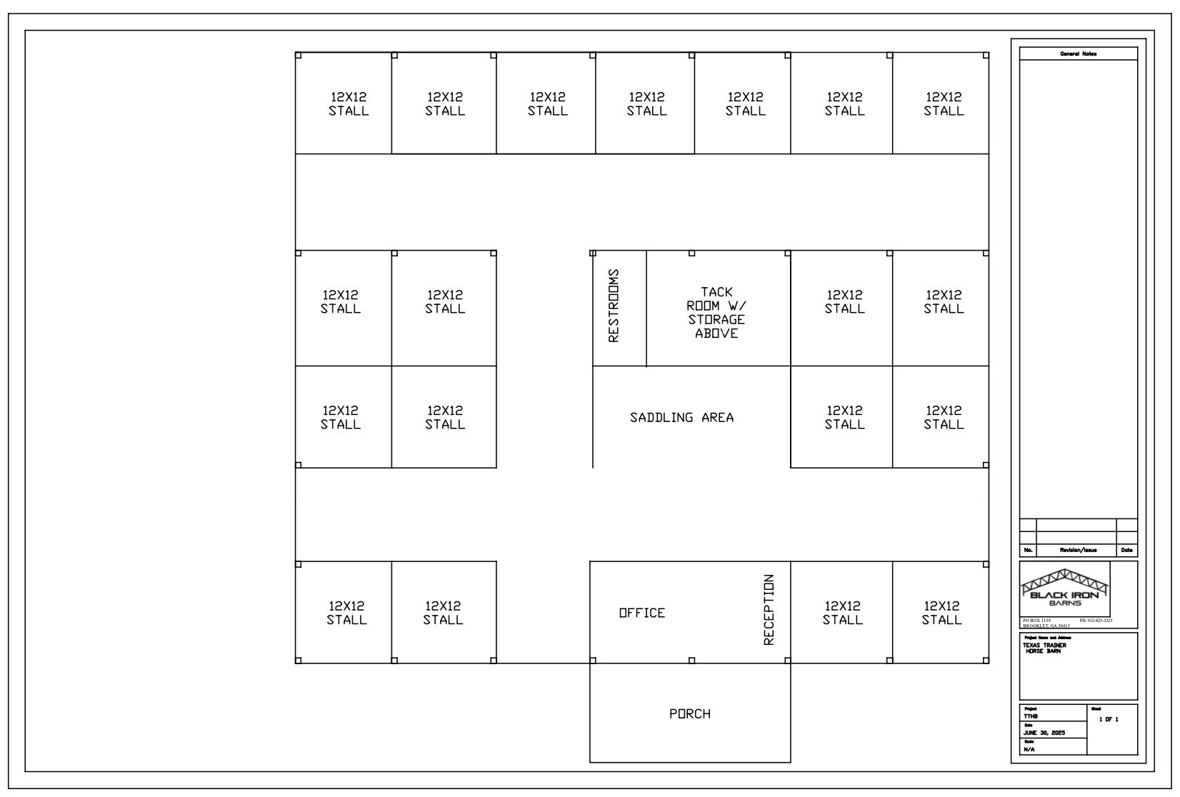 Architectural blueprint of livestock barn with stables, tack room, restrooms, office, reception, porch, and storage areas.