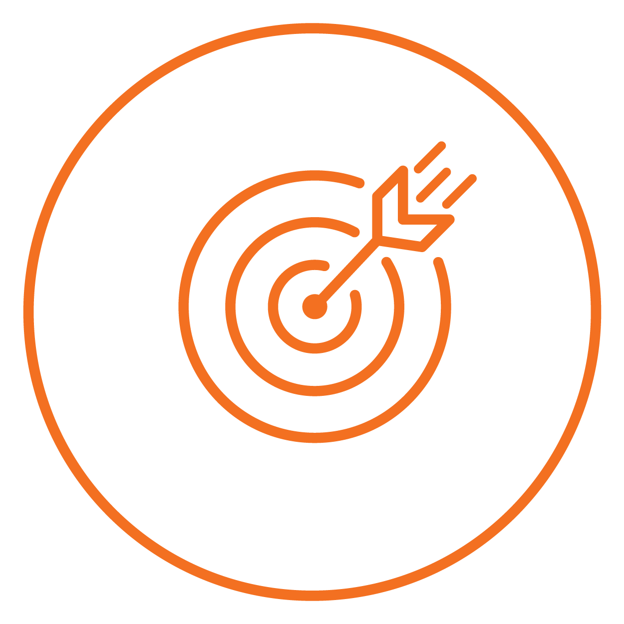 A stylized orange icon of a target with an arrow hitting the center, representing aiming or hitting a goal.