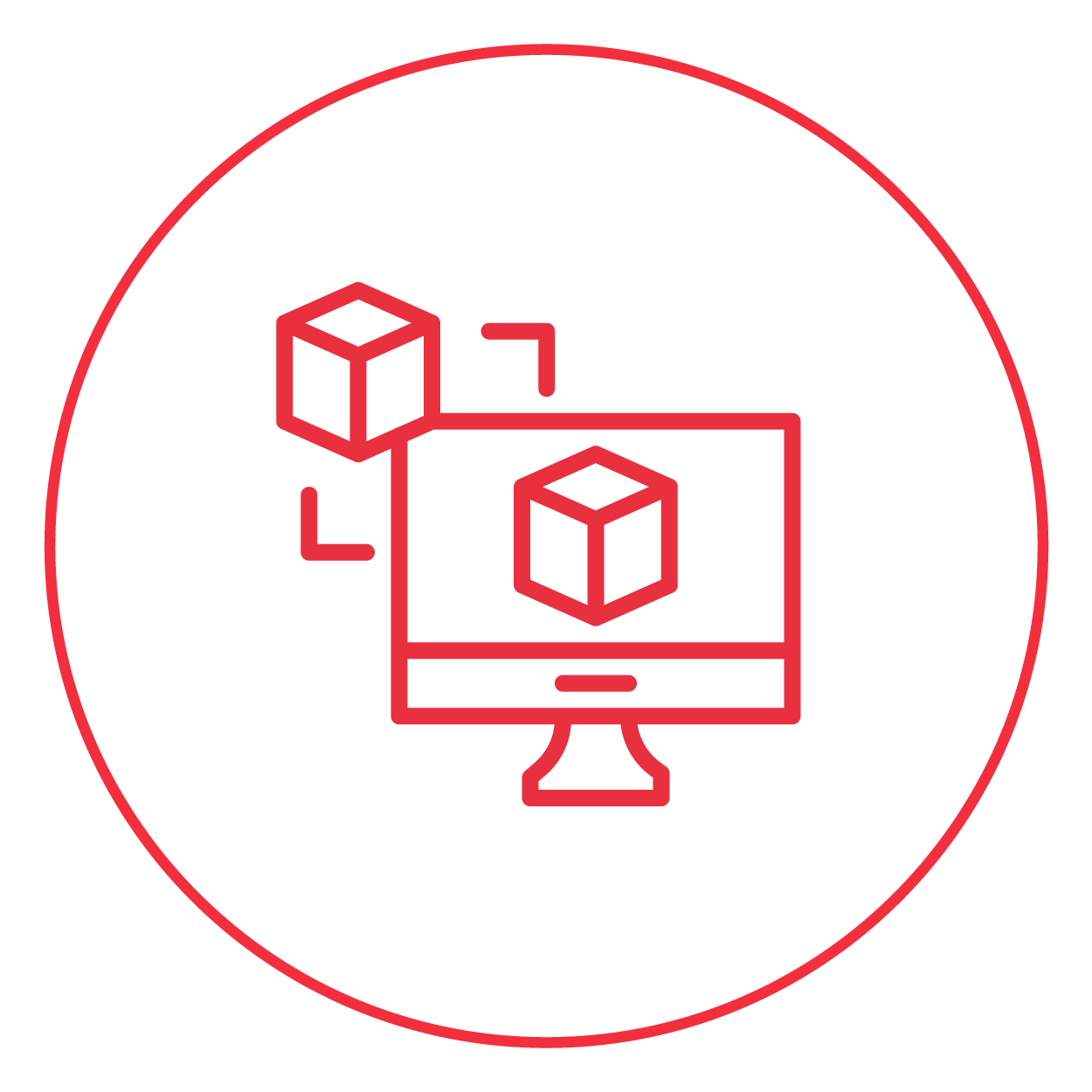 Icon of 3D modeling with a monitor, cubes, and arrows indicating rotation and scaling.
