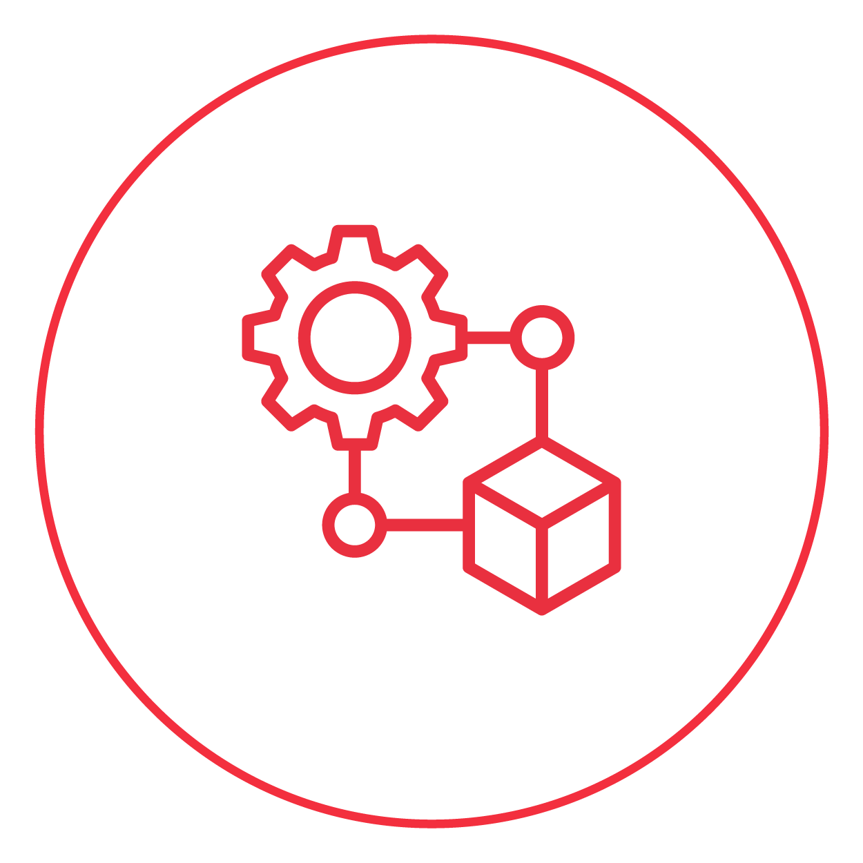 Icon of a gear, a node with connected lines, and a cube representing system integration or technology.