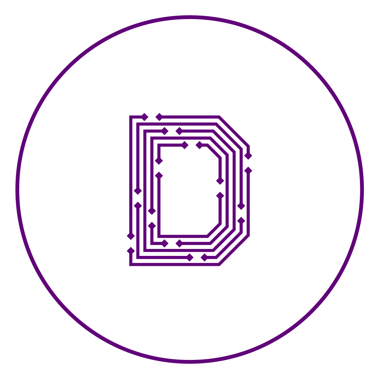 Stylized circuit board design forming a D shape inside a black circle with a beige outline.