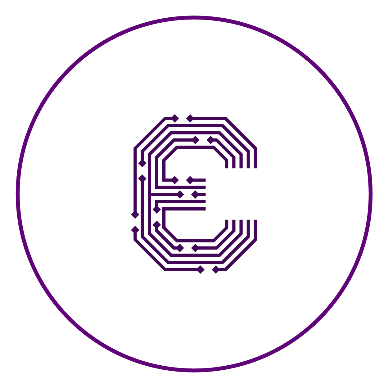 A digital illustration of the letter E made of circuit lines and nodes within a circle on a black background.