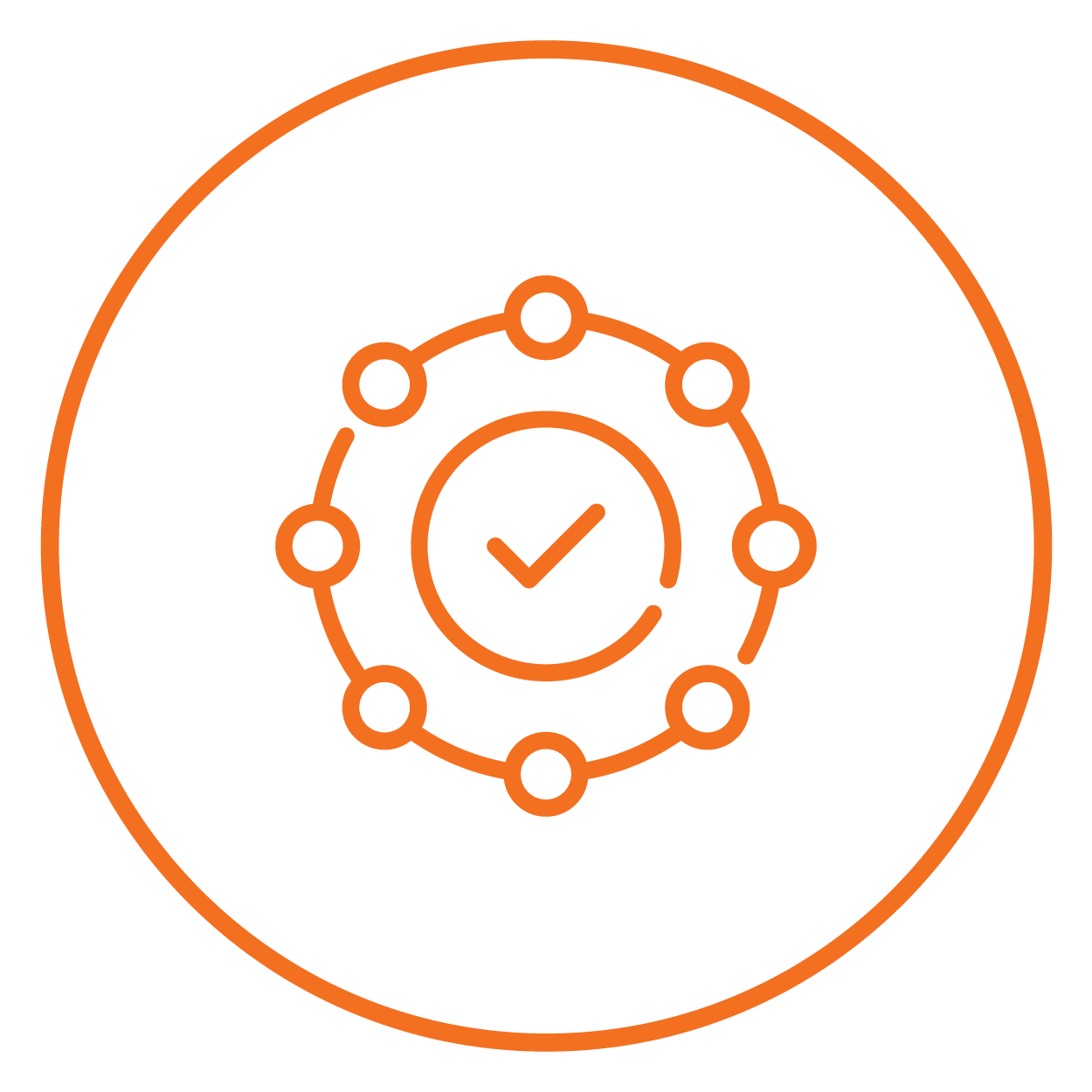 A digital icon showing a checkmark inside a circle, with a ring of interconnected nodes, symbolizing process completion or system approval, outlined in orange on a black background.