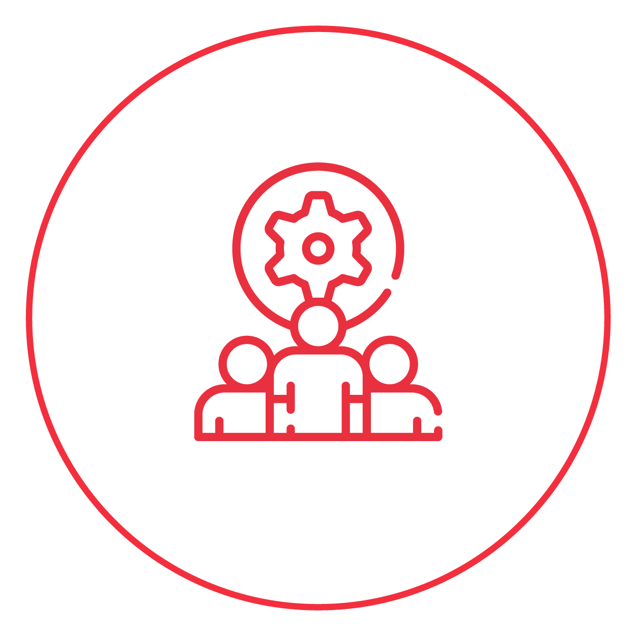 Icon of a group of three people with a gear and cogs above them, representing teamwork or collaboration.