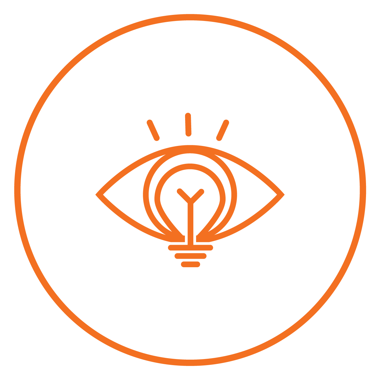 A neon orange outline of an eye with a light bulb inside, set against a black background, enclosed within a circular border.