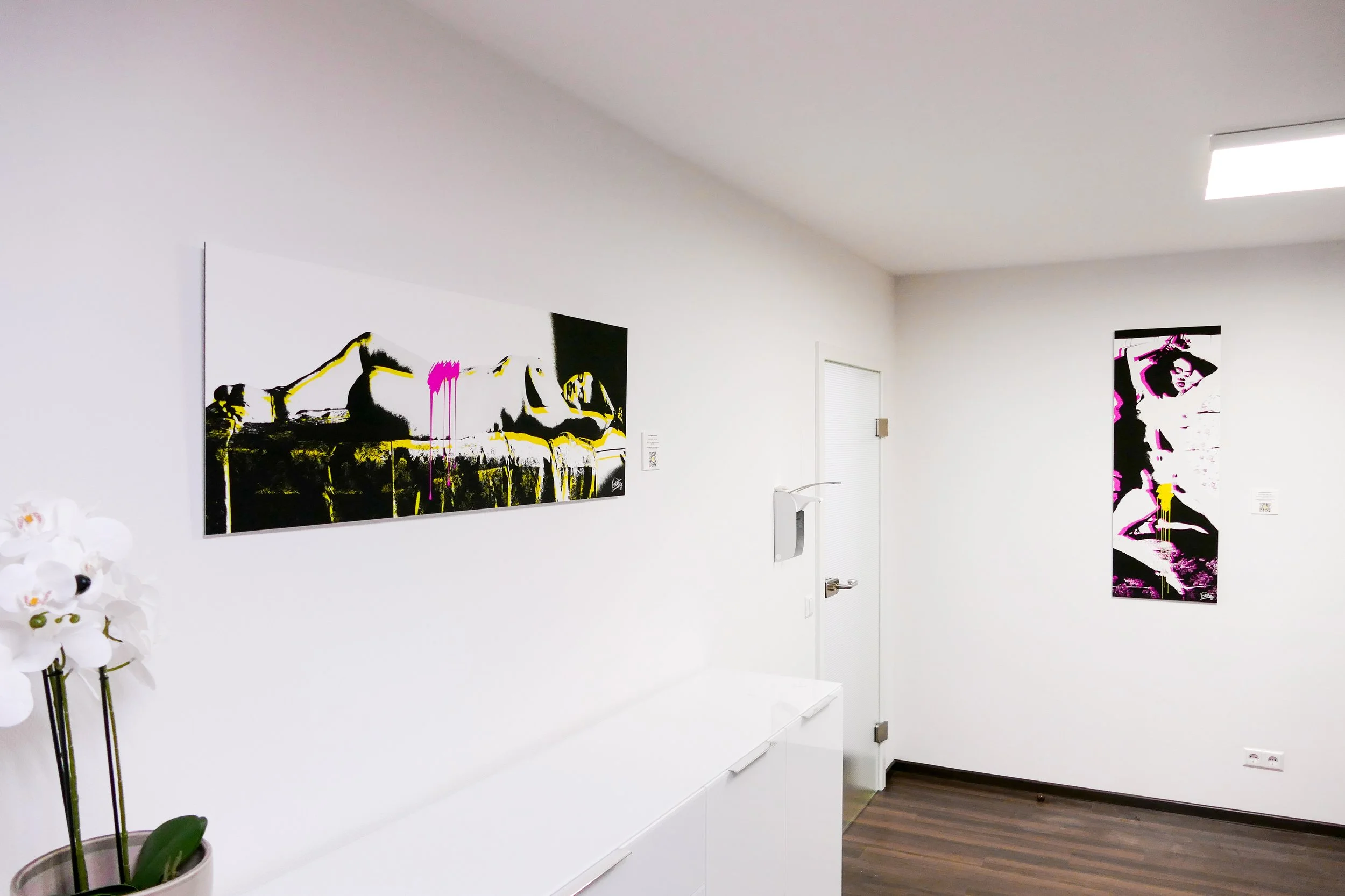 Weiße Wand mit zwei modernen Kunstwerken, eine lange horizontale und eine vertikale, in einem Raum mit dunklem Holzboden, eine Tür, ein kleiner Fenster und eine Orchidee im Vordergrund.