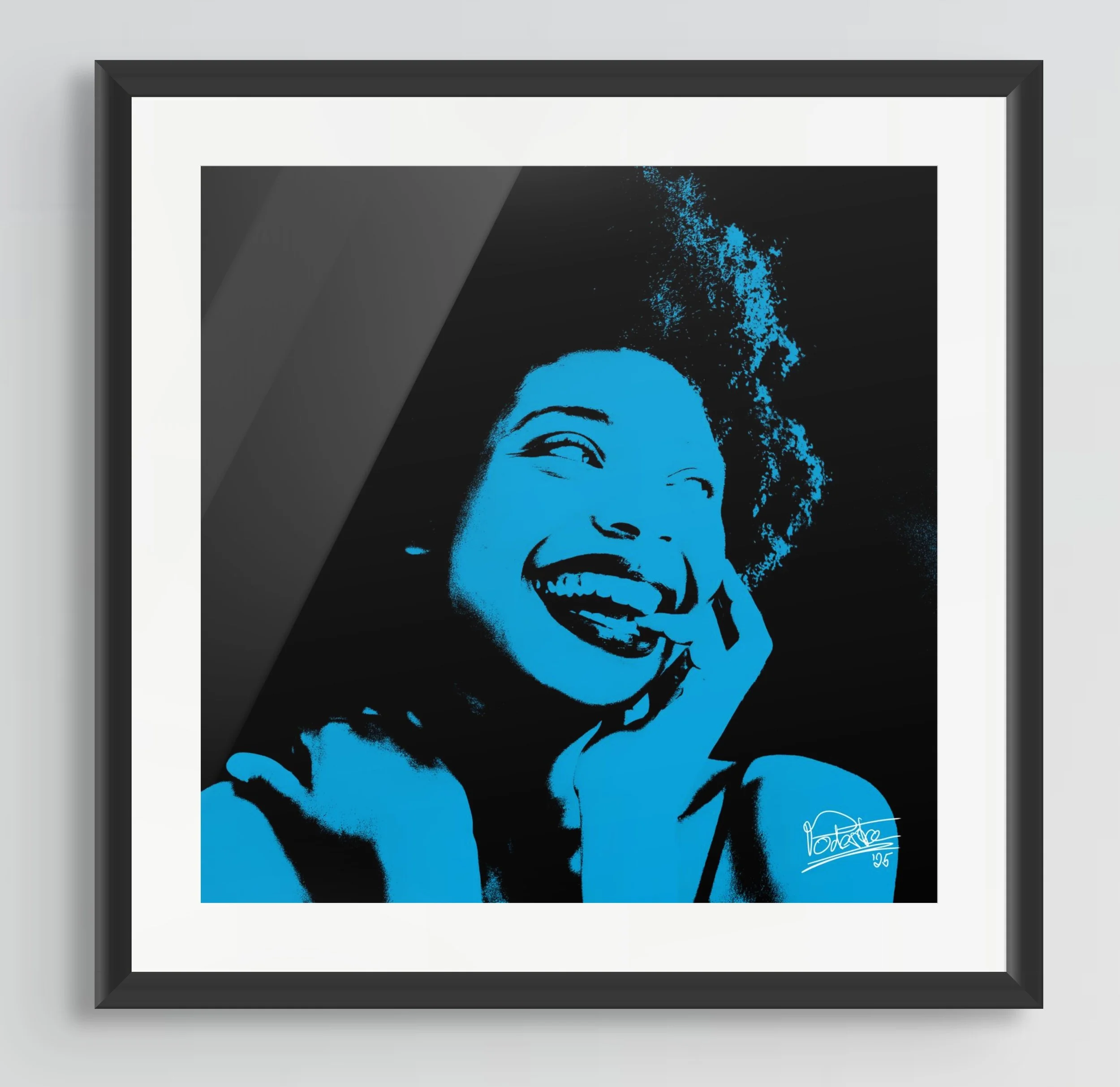 Gemälde eines lachenden schwarzen Mädchens, in blau-weißem Farbstil, signiert mit 'PODESTA' und datiert '25'.