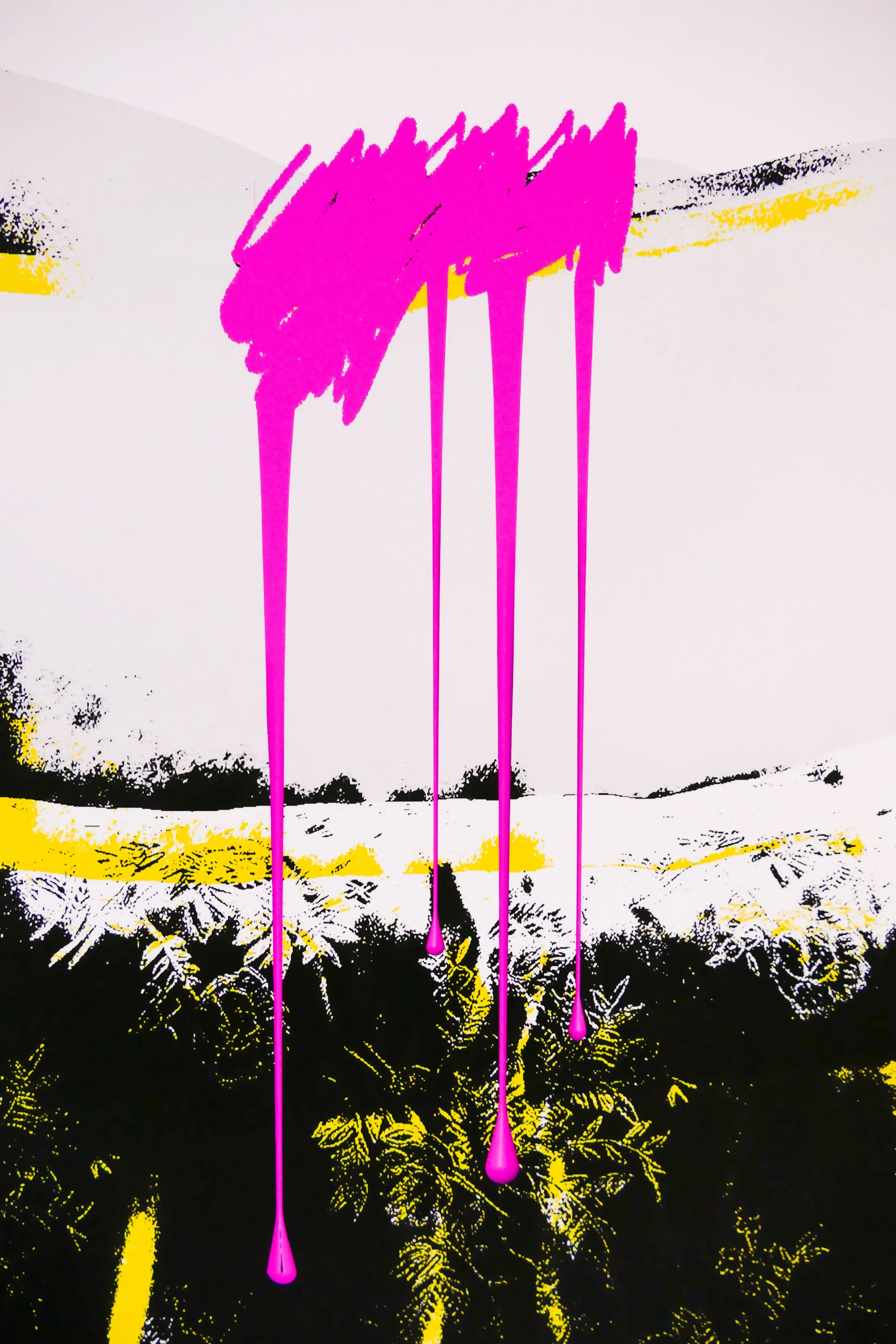 Kunstwerk mit pinker Farbe, die von oben herab tropft, vor einem Hintergrund mit schwarzen, weißen und gelben Flächen und einer Pflanzenumgebung