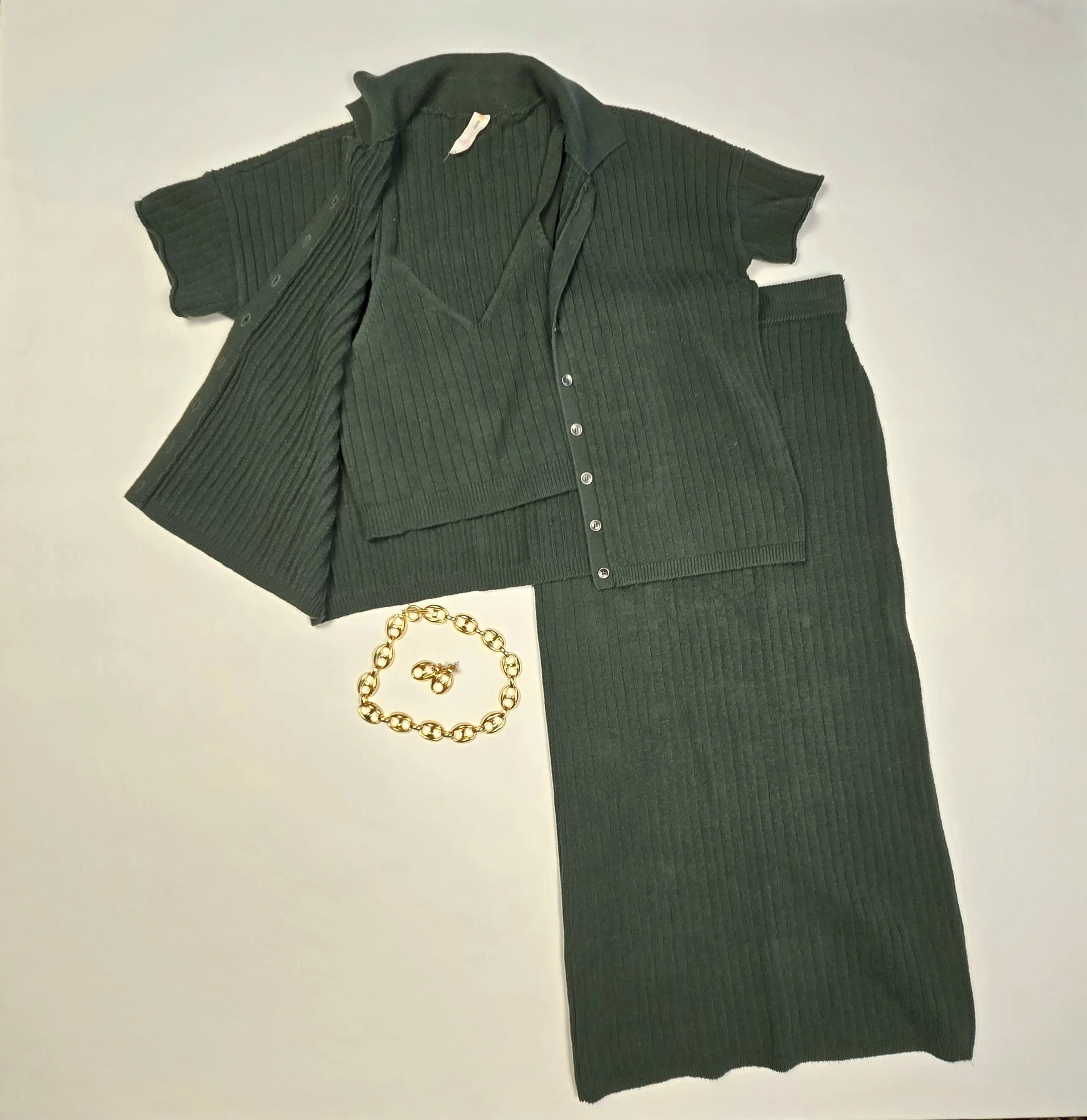 Forest Green Elegance: Sweater Skirt Set - XS