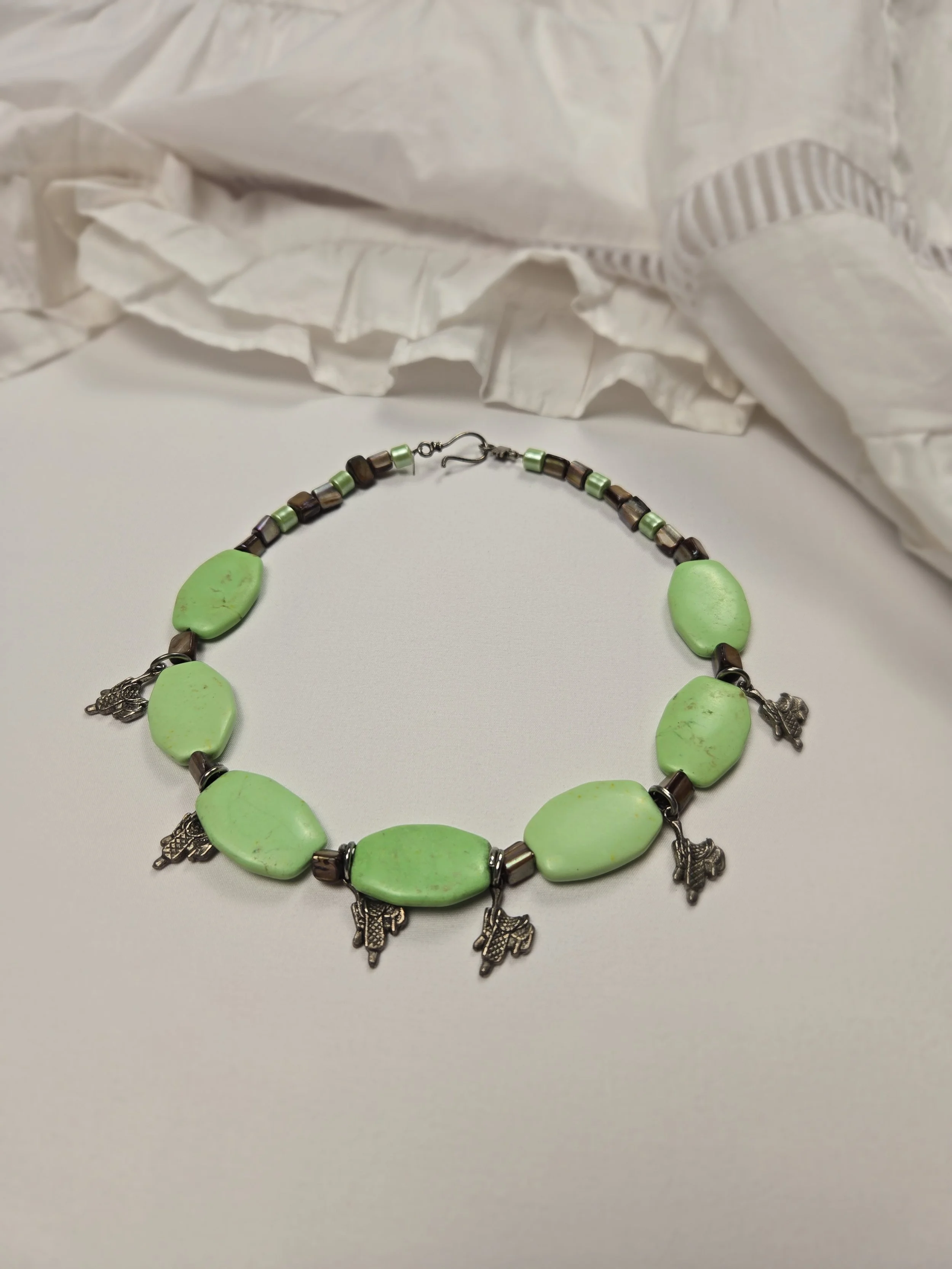 Vintage Saddle Charm Green Stone Necklace