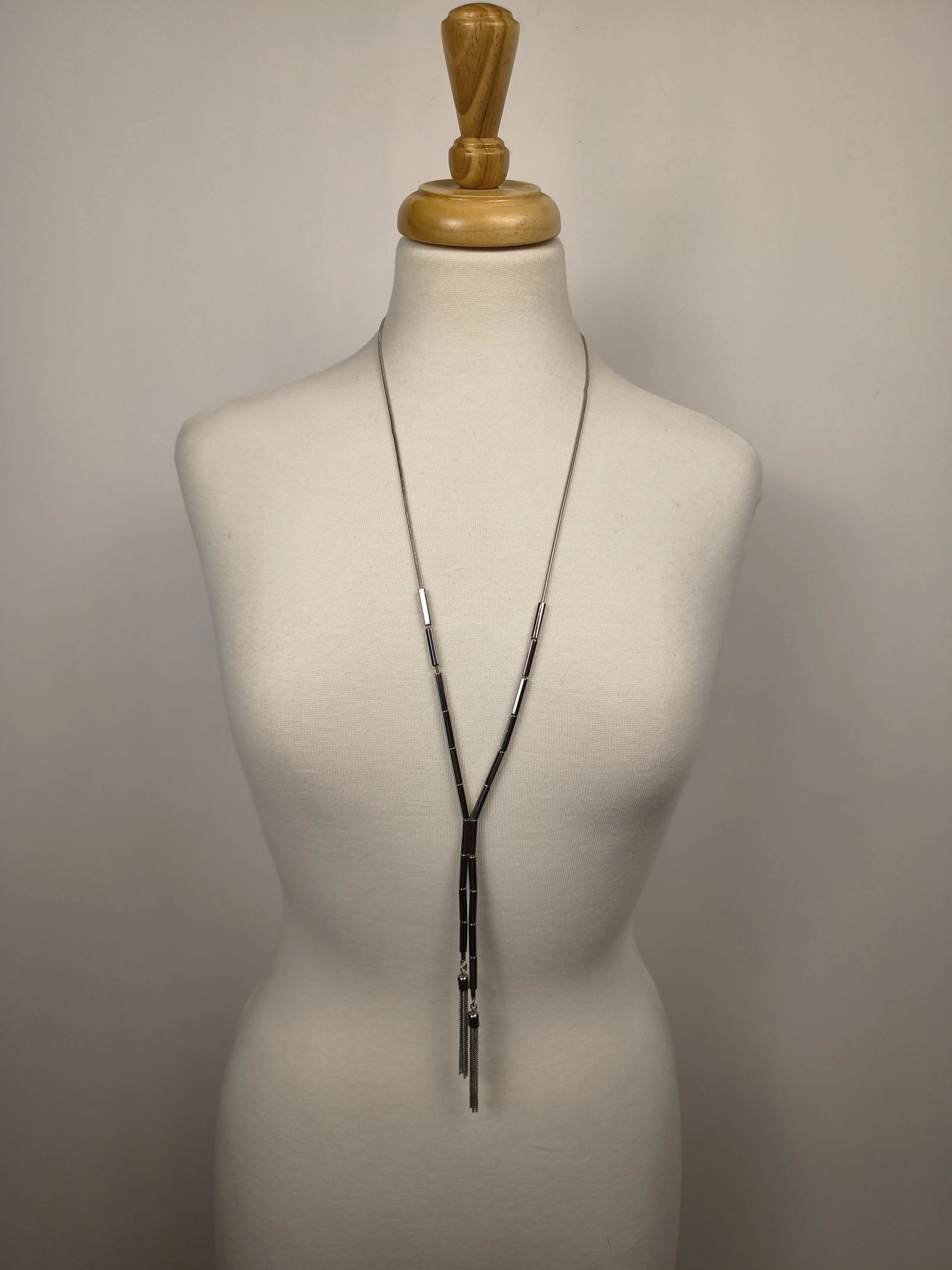 Long Silver Sleek Tassel Necklace