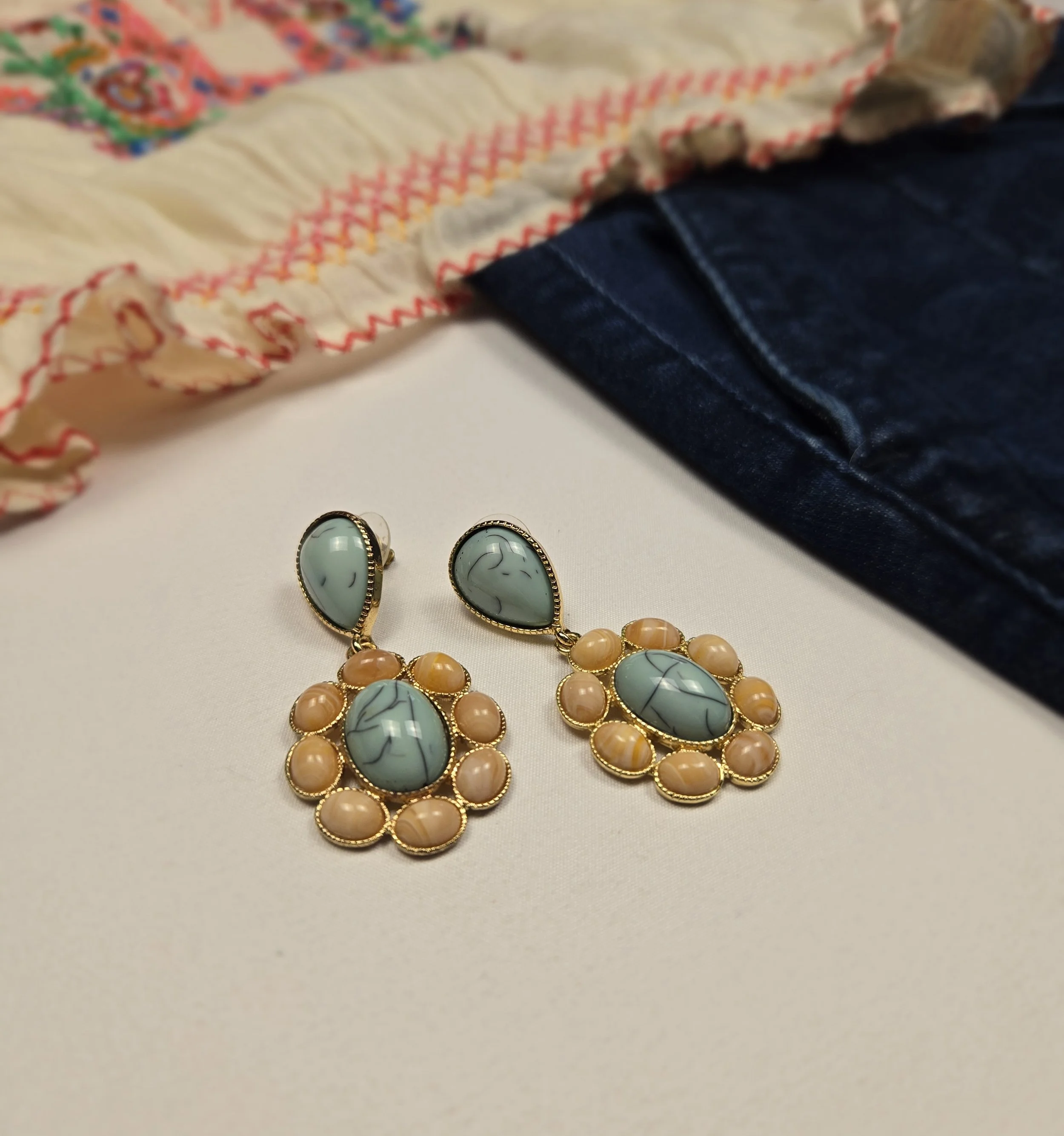 Chunky Cream and Blue Flower Earrings
